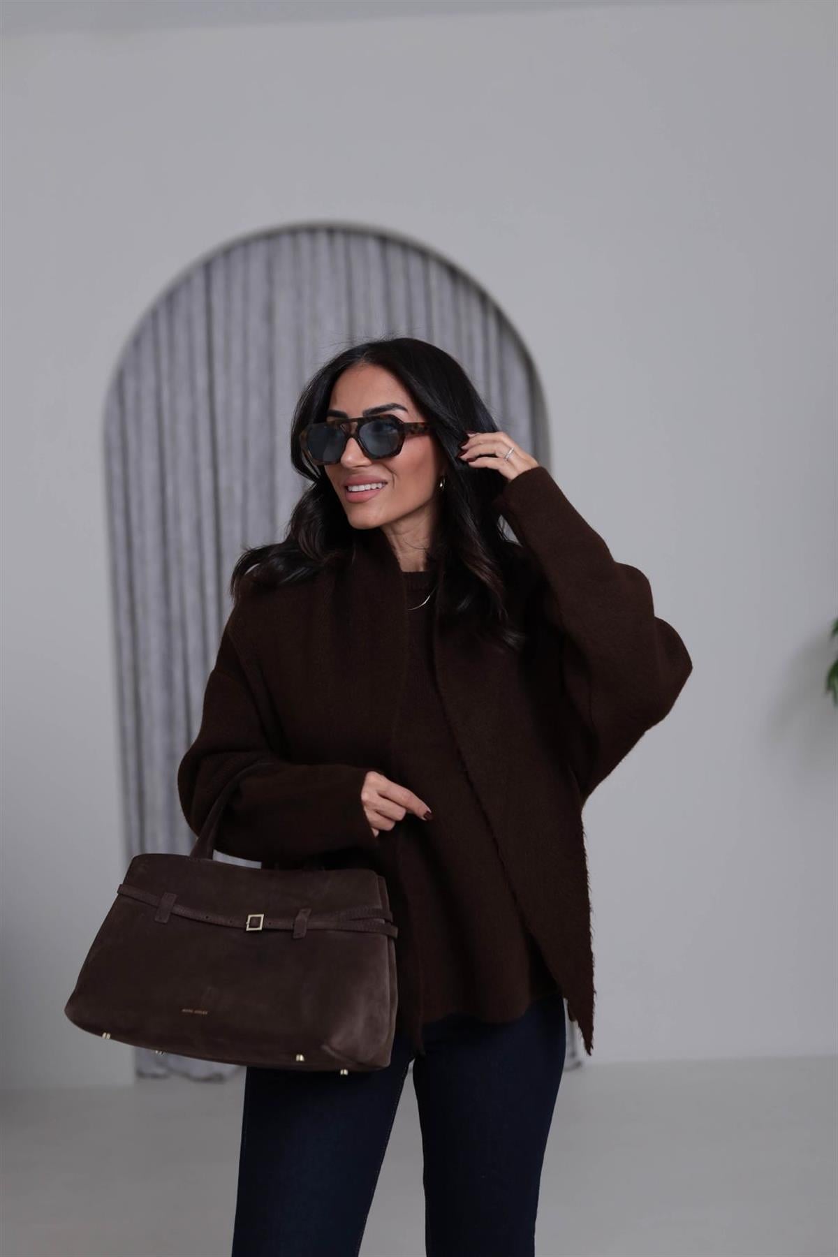 2567 Bisiklet Yaka Şal Detaylı Triko Kazak ACI KAHVE