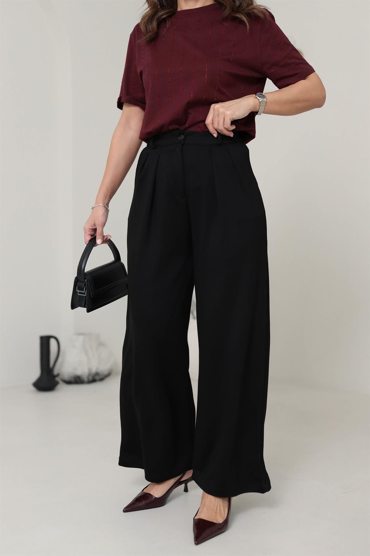 9444 Pilili Bol Paça Modal Pantolon SİYAH