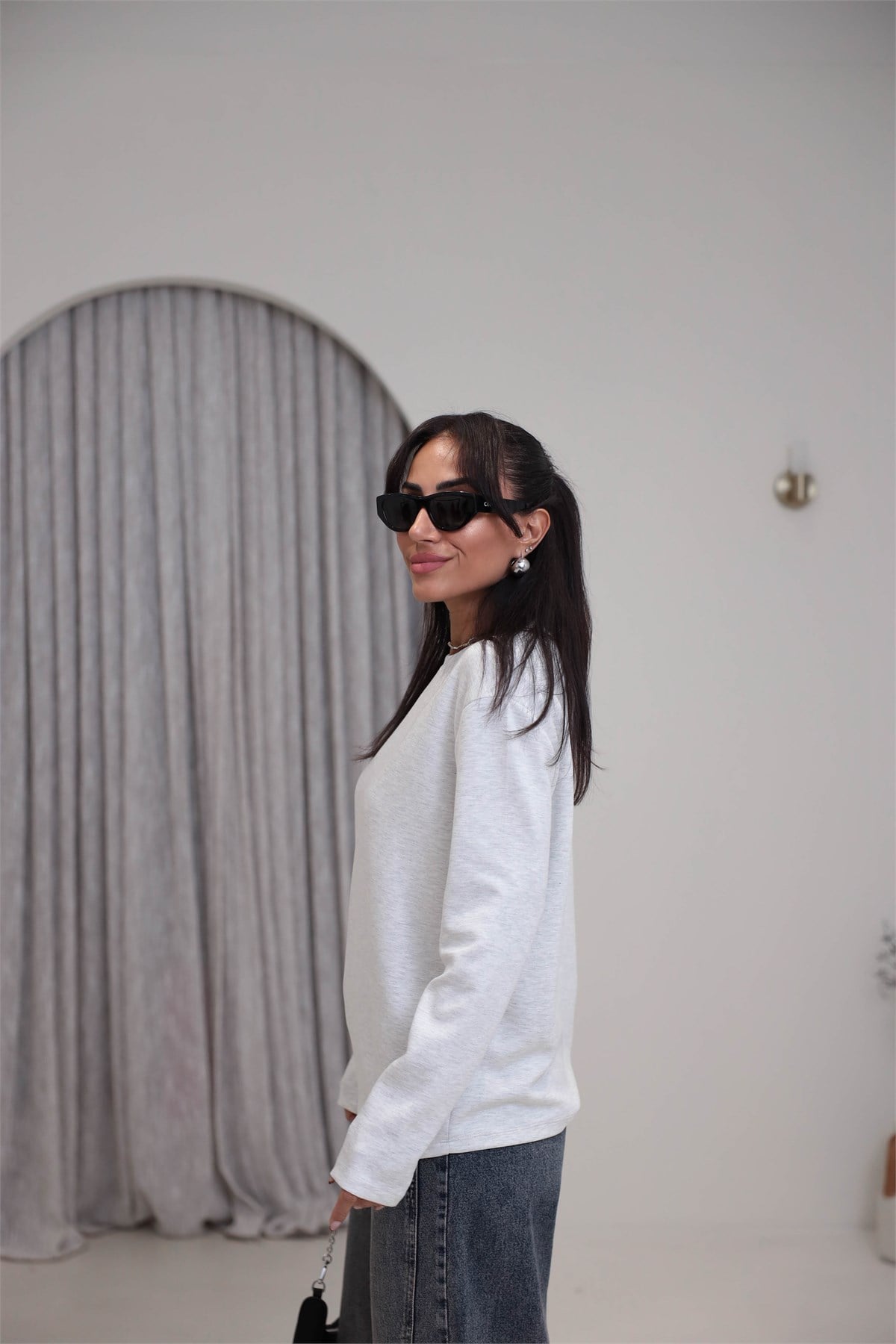 1448 Bisiklet Yaka uzun Kollu Oversize Tshirt GRİ