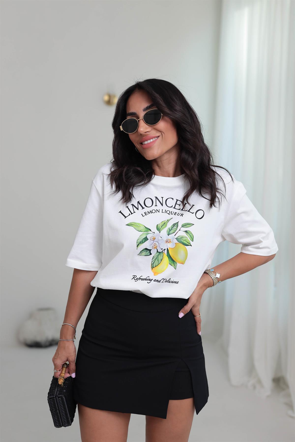 0500 Limoncello Baskılı Pamuklu Tshirt EKRU