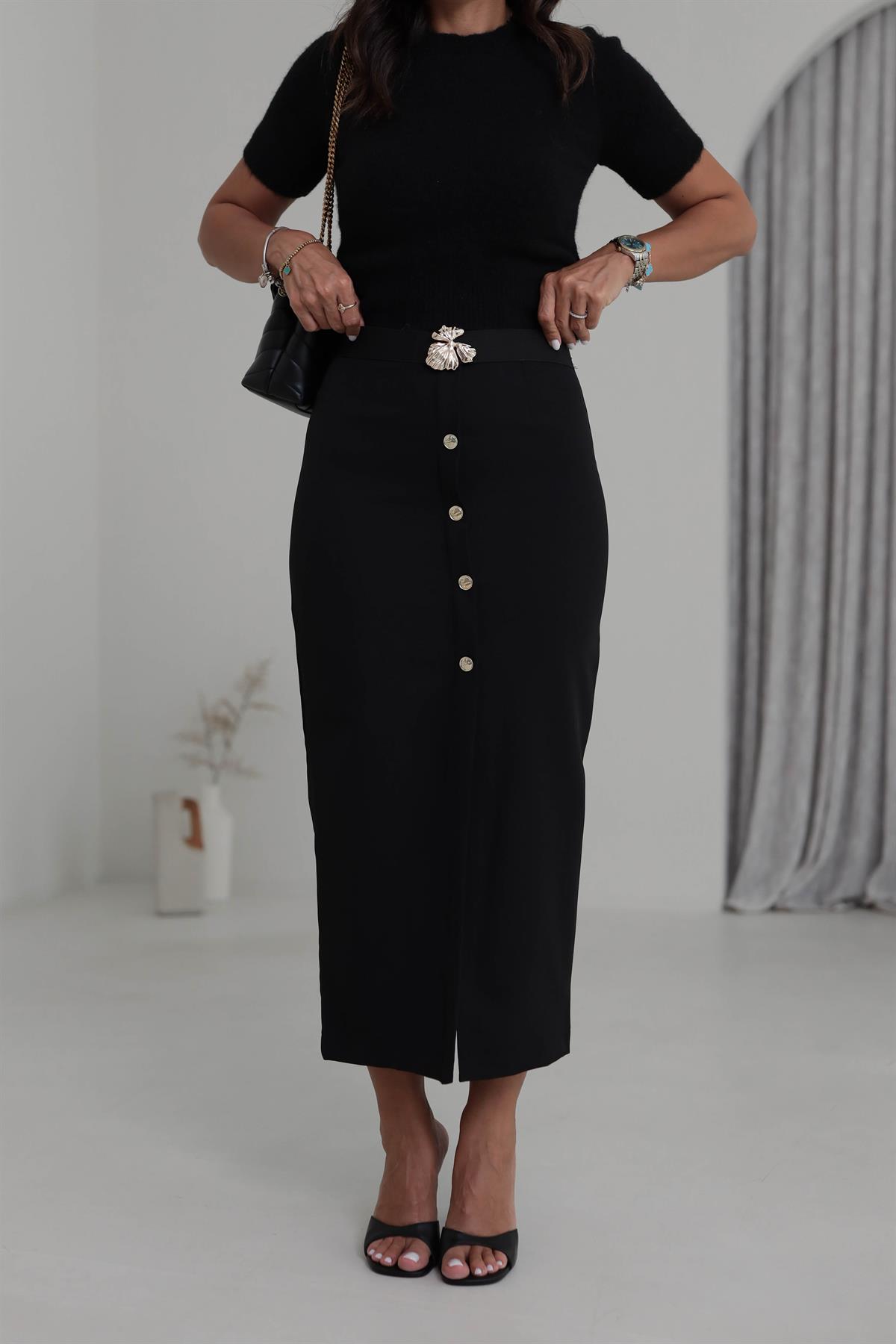 6726 Süs Düğmeli Kemerli Kalem Etek SİYAH