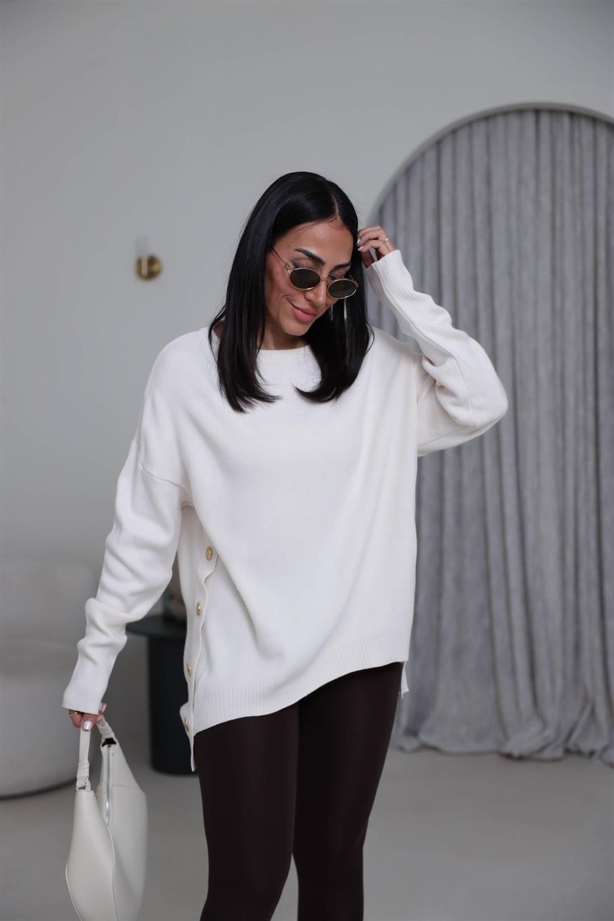 0184K Yanları Gold Düğmeli Uzun Triko Kazak EKRU