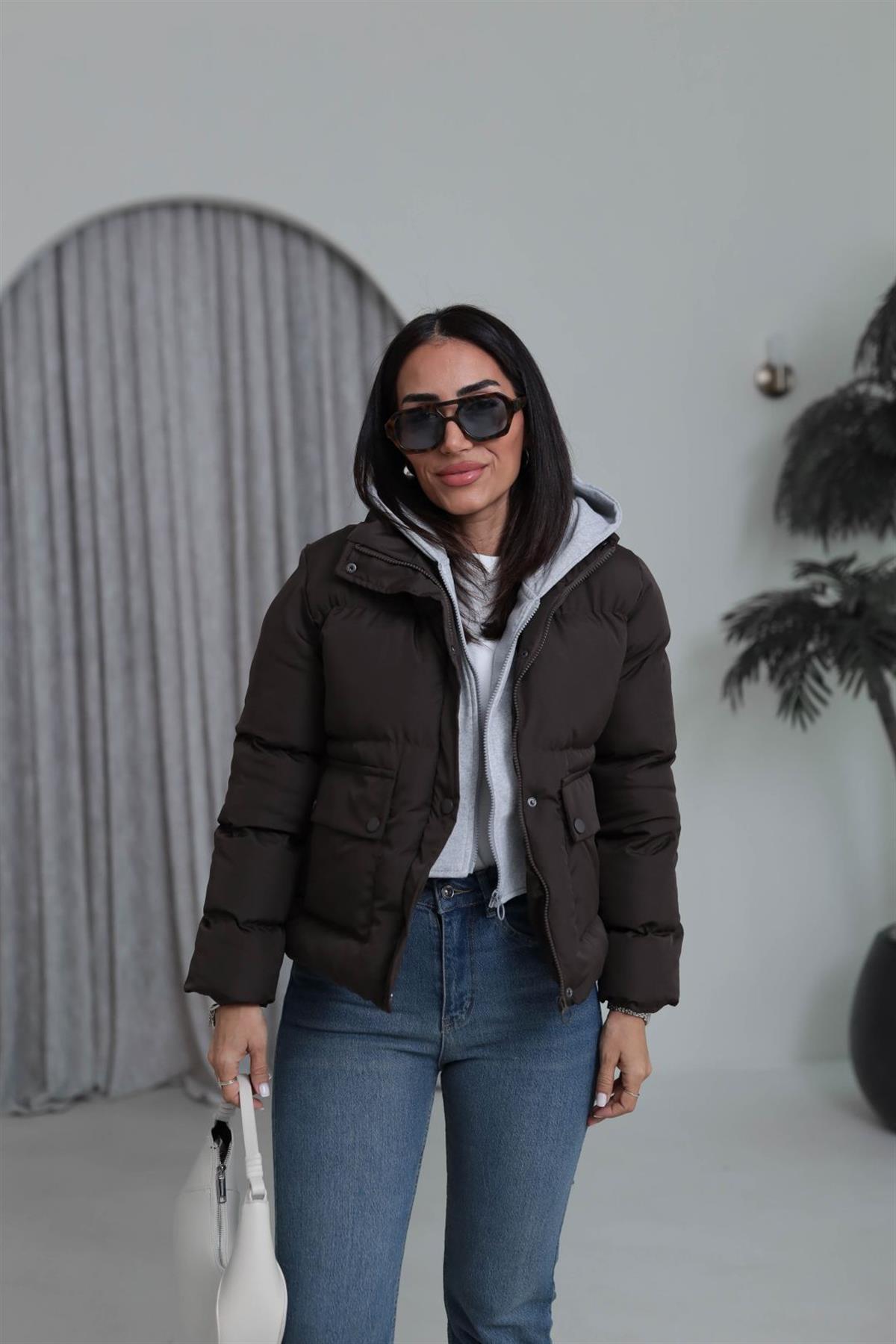 2148 Kapşonlu Şişme Mont ACI KAHVE