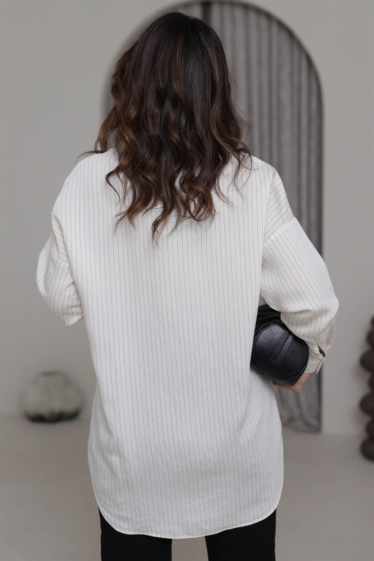 020 Çizgili Tencel Gömlek KREM