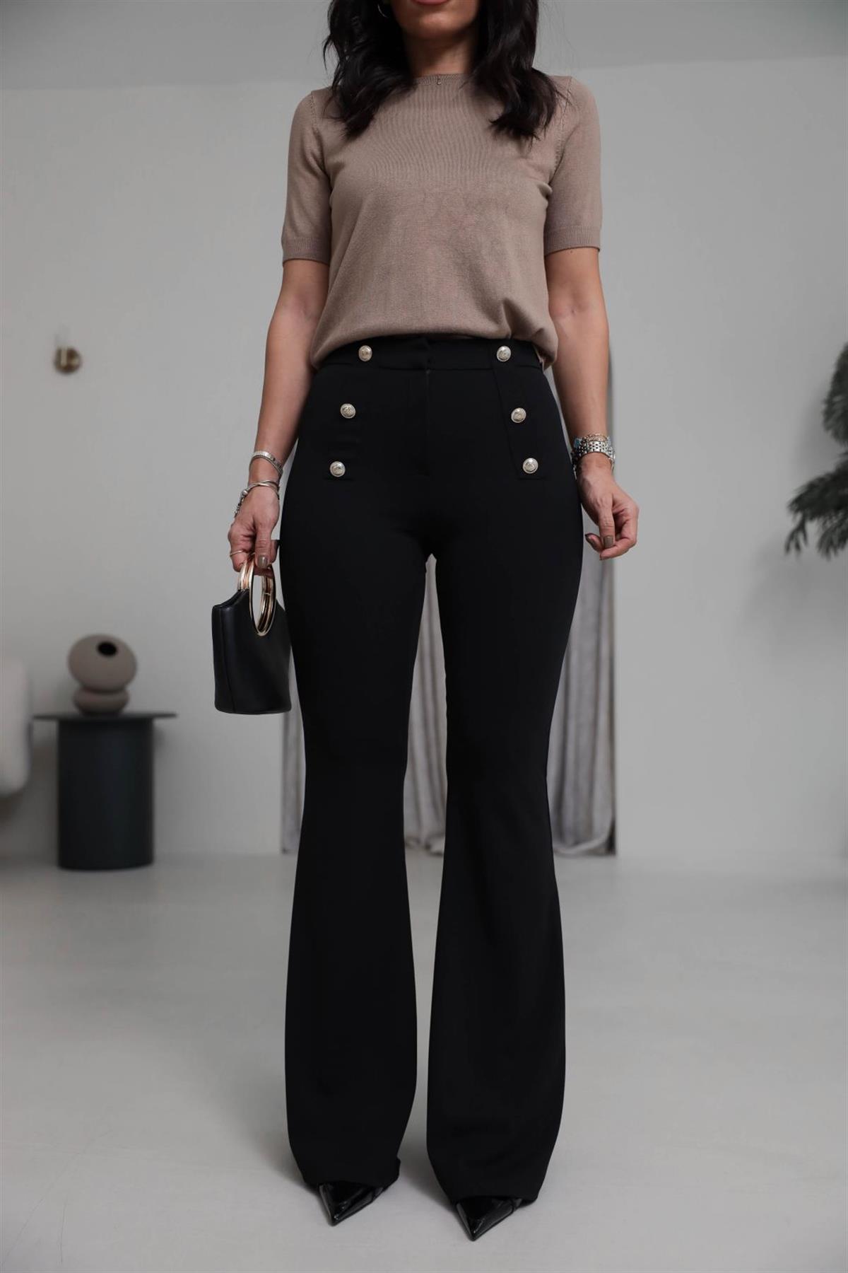 4083 Gold Düğmeli Likralı Toparlayıcı İspanyol Pantolon SİYAH