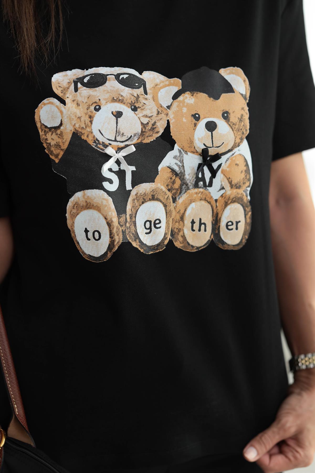 7878 Tedy Baskılı Bisiklet Yaka Tshirt SİYAH