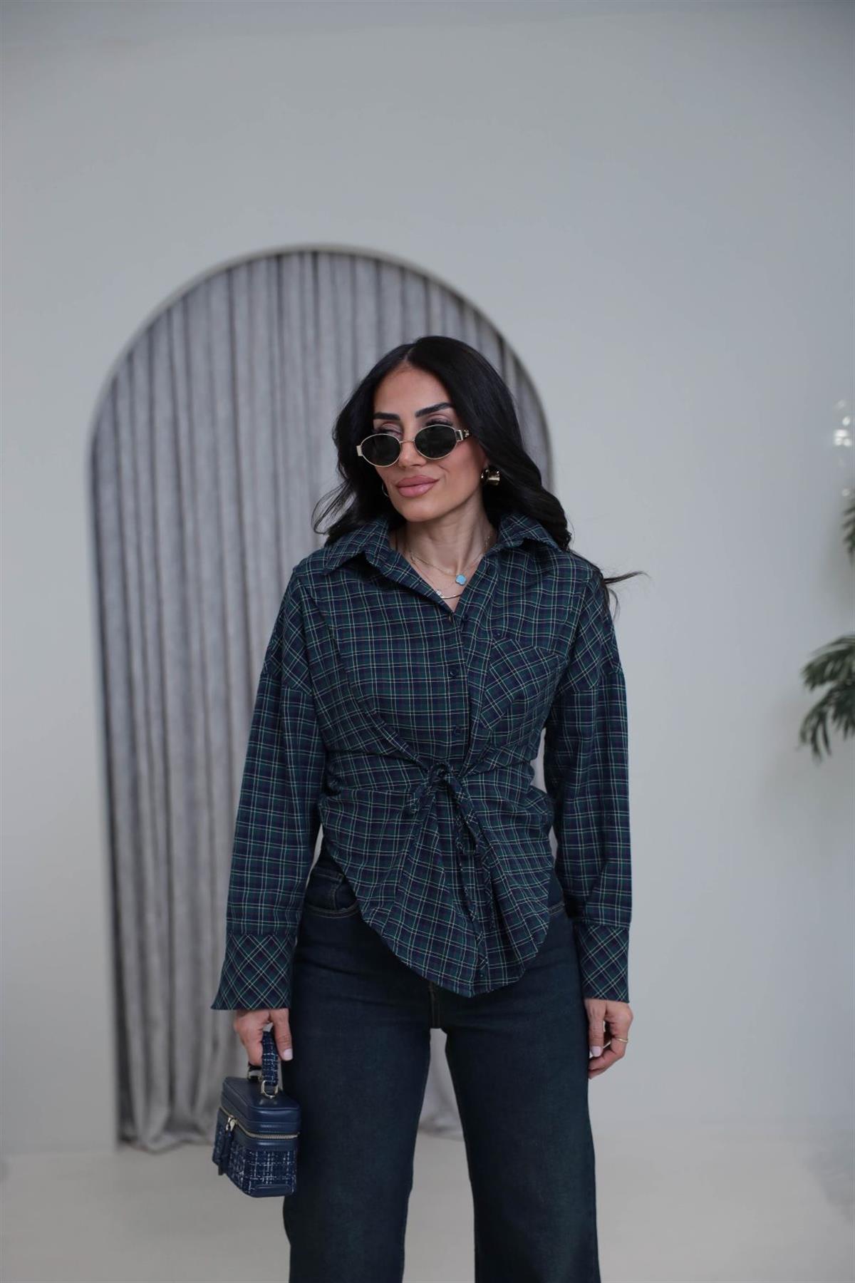 7473 Bağlama Detaylı Ekose Gömlek KOYU YEŞİL