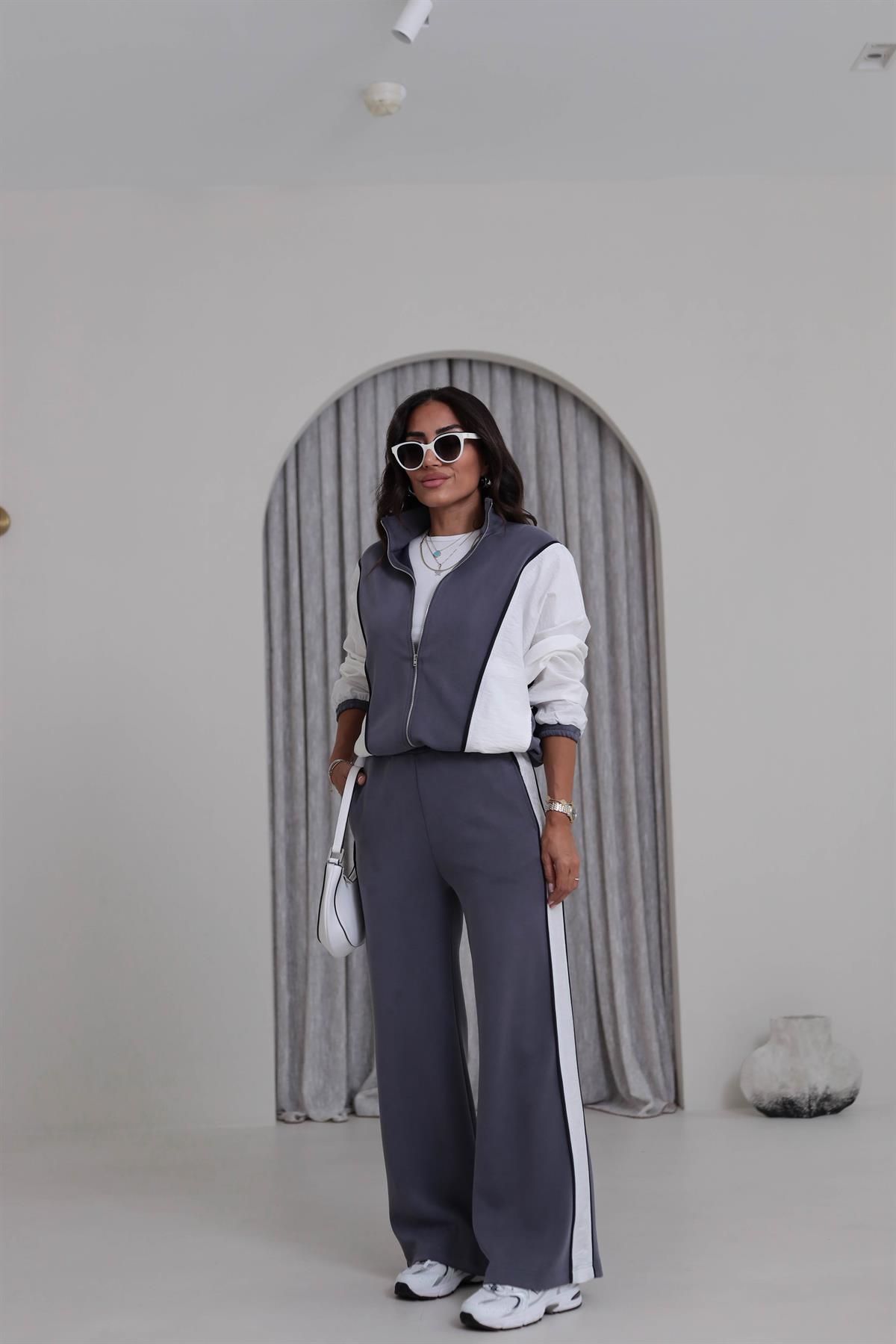 5713 Renk Bloklu Garnili Modal Takım GRİ-BEYAZ