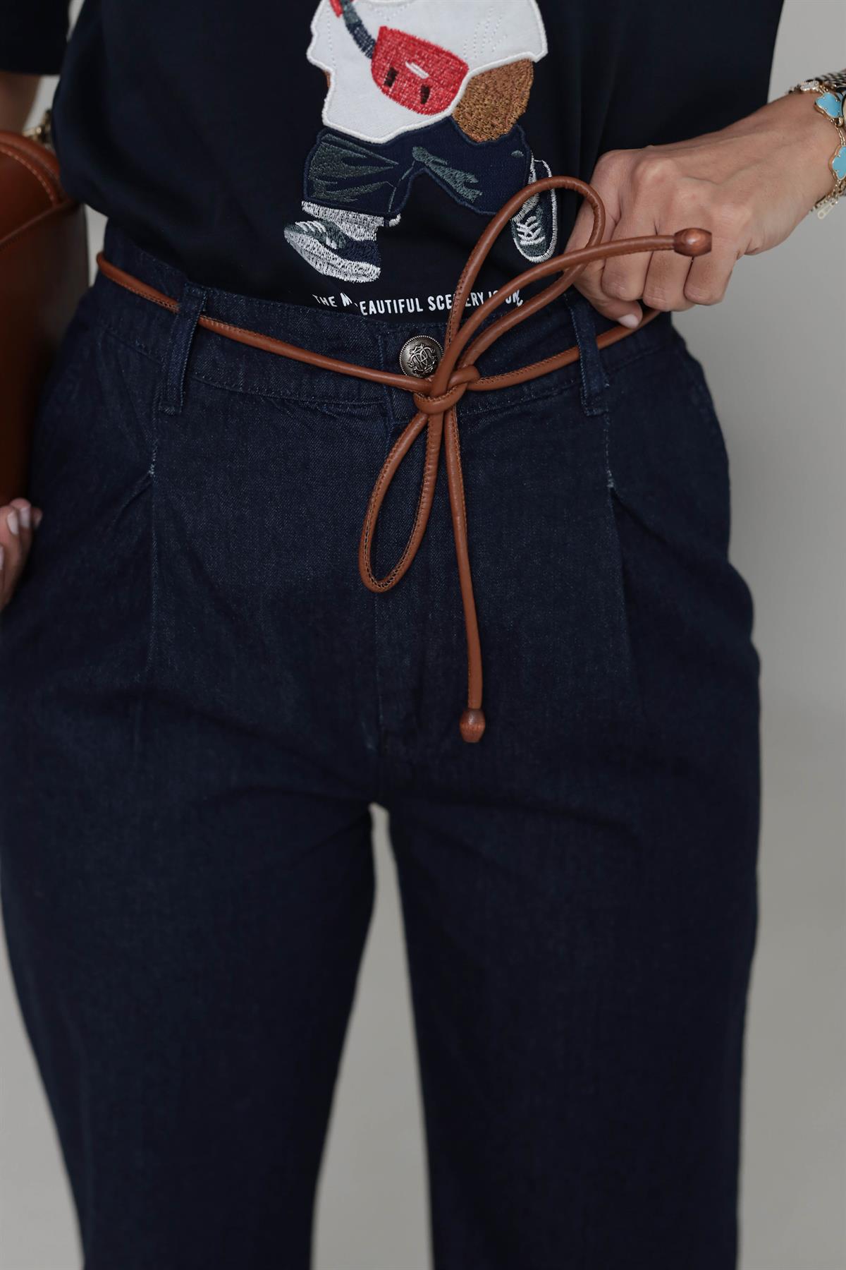 3516 Deri Kemerli Pensli Paça Palazzo Jean Pantolon KOYU LACİ