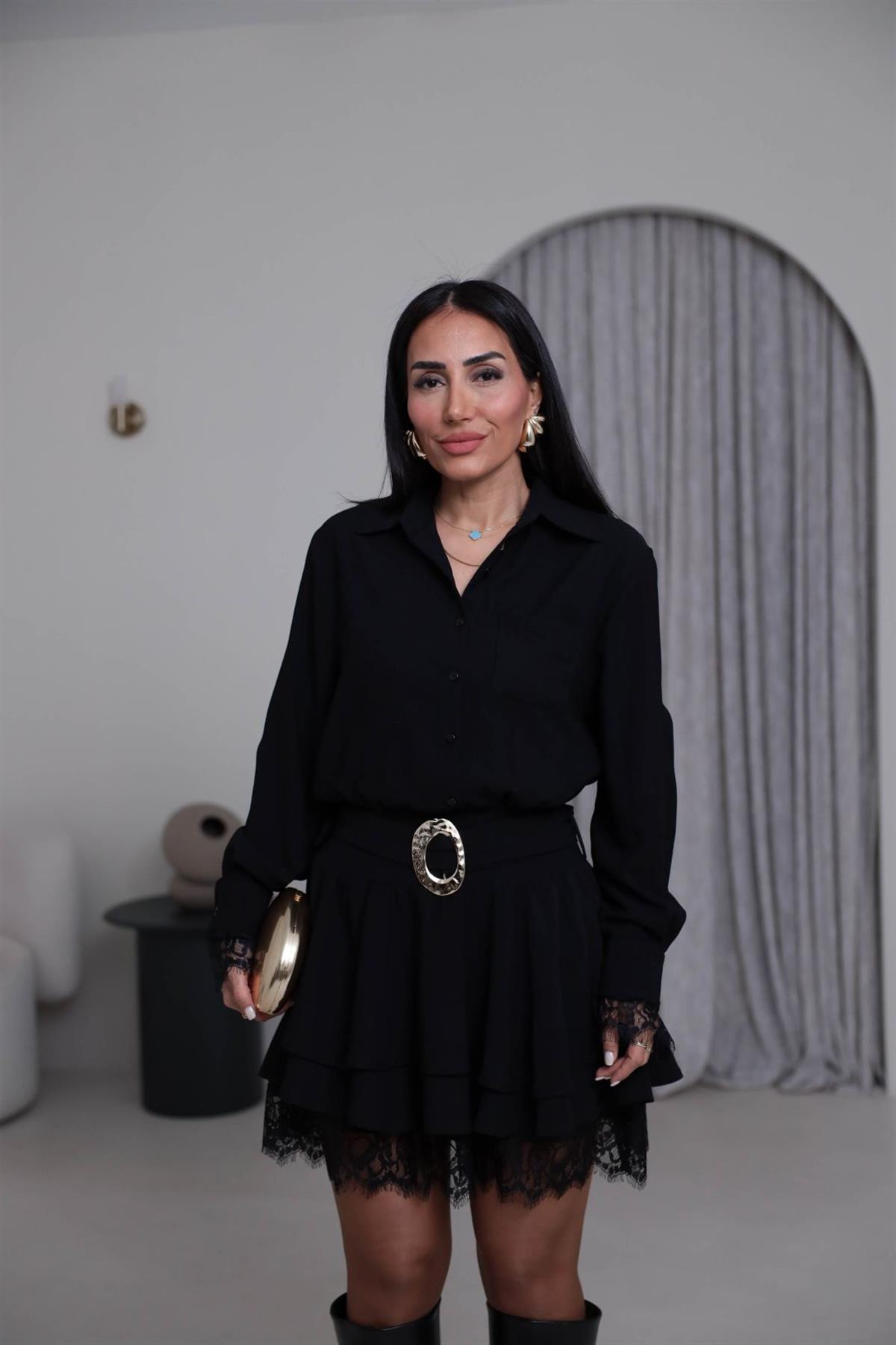 3858 Gömlek Yaka Dantel Detay Kemerli Elbise SİYAH