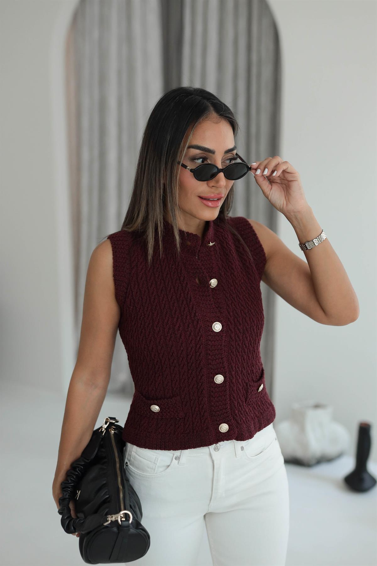 4501 Saç Örgü Detaylı Gold Düğmeli Yelek BORDO
