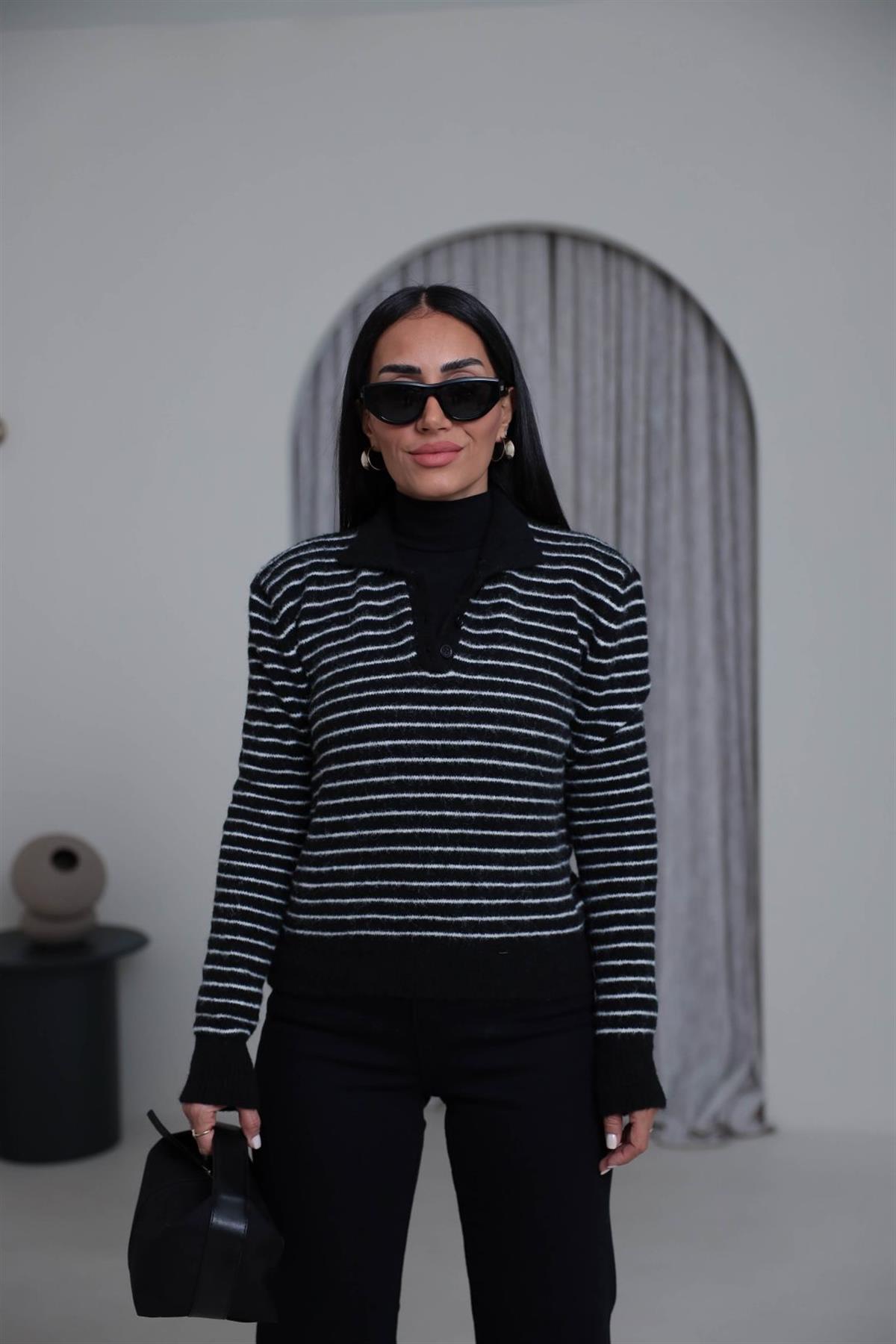 4968 Polo Yaka Yarım Düğmeli Çizgili Kazak SİYAH