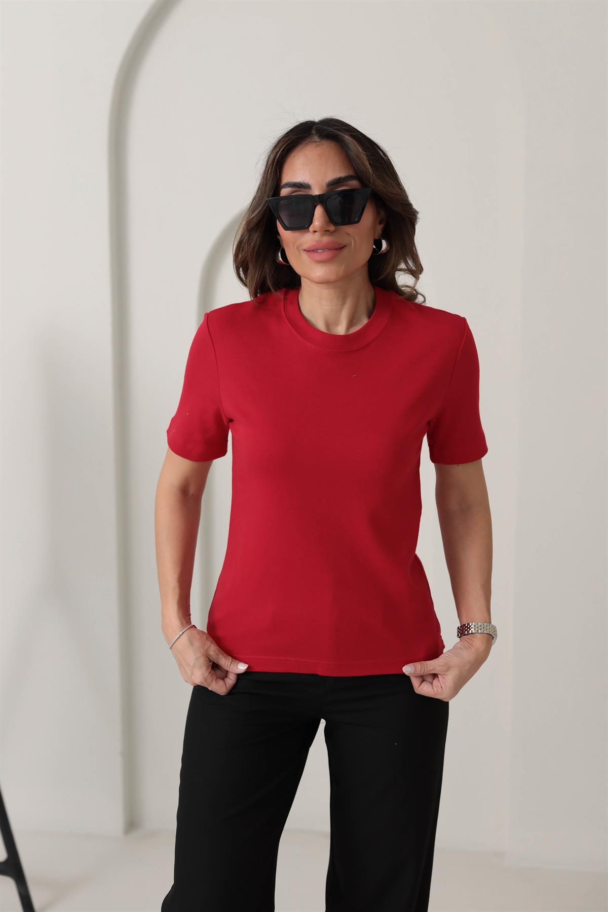 1075 Bisiklet Yaka Pamuklu Basic Tshirt KIRMIZI