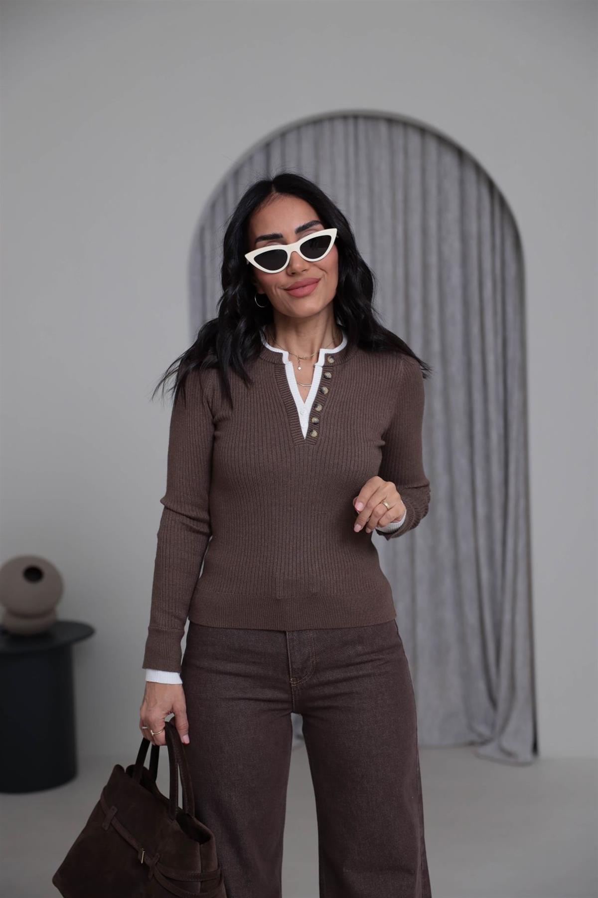 T104 Çift Yaka Yarım Düğmeli Fitilli Kazak KAHVE