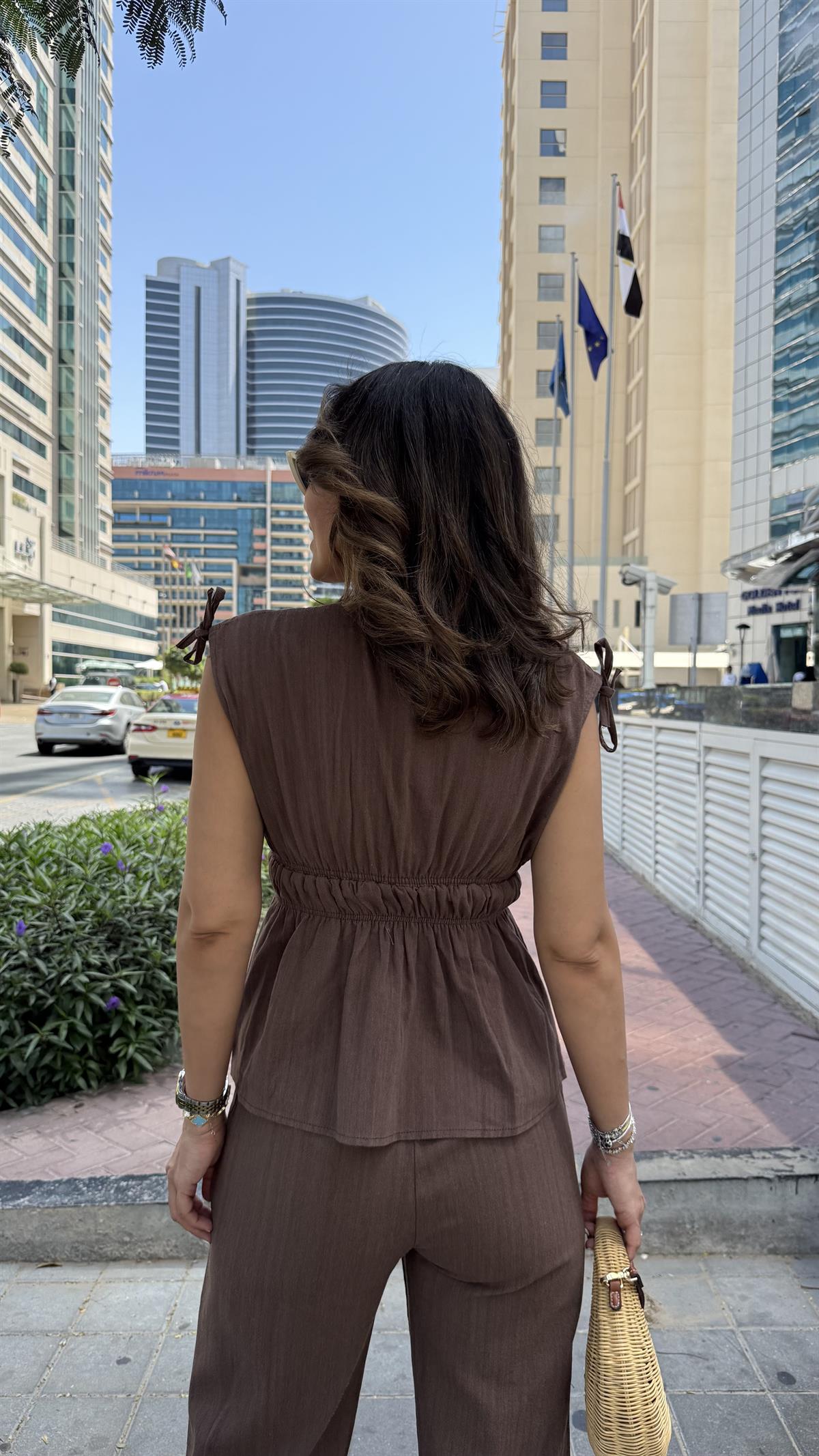 DXB Büzgü Detaylı Bel Lastikli Keten Takım KAHVE