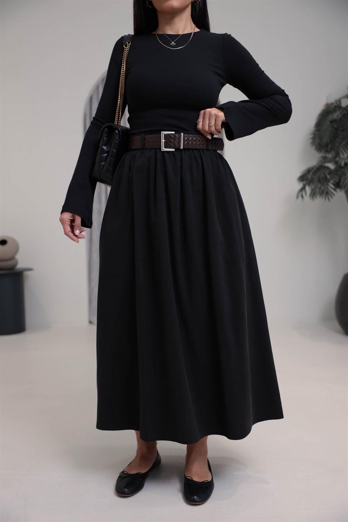 0727 Kemerli Tencel Etek SİYAH