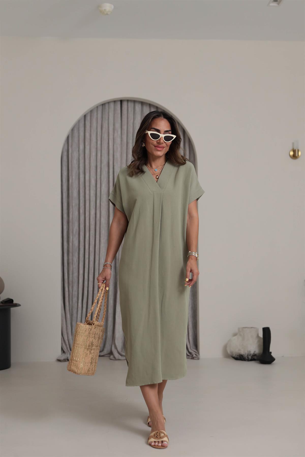 5998 V Yaka Rahat Terni Elbise HAKİ YEŞİL