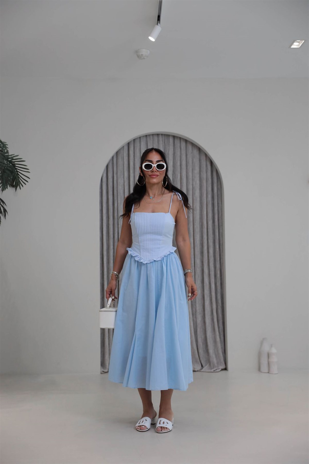 4192 Nervürlü Bağcık Askılı Korse Bluz BEBE MAVİ