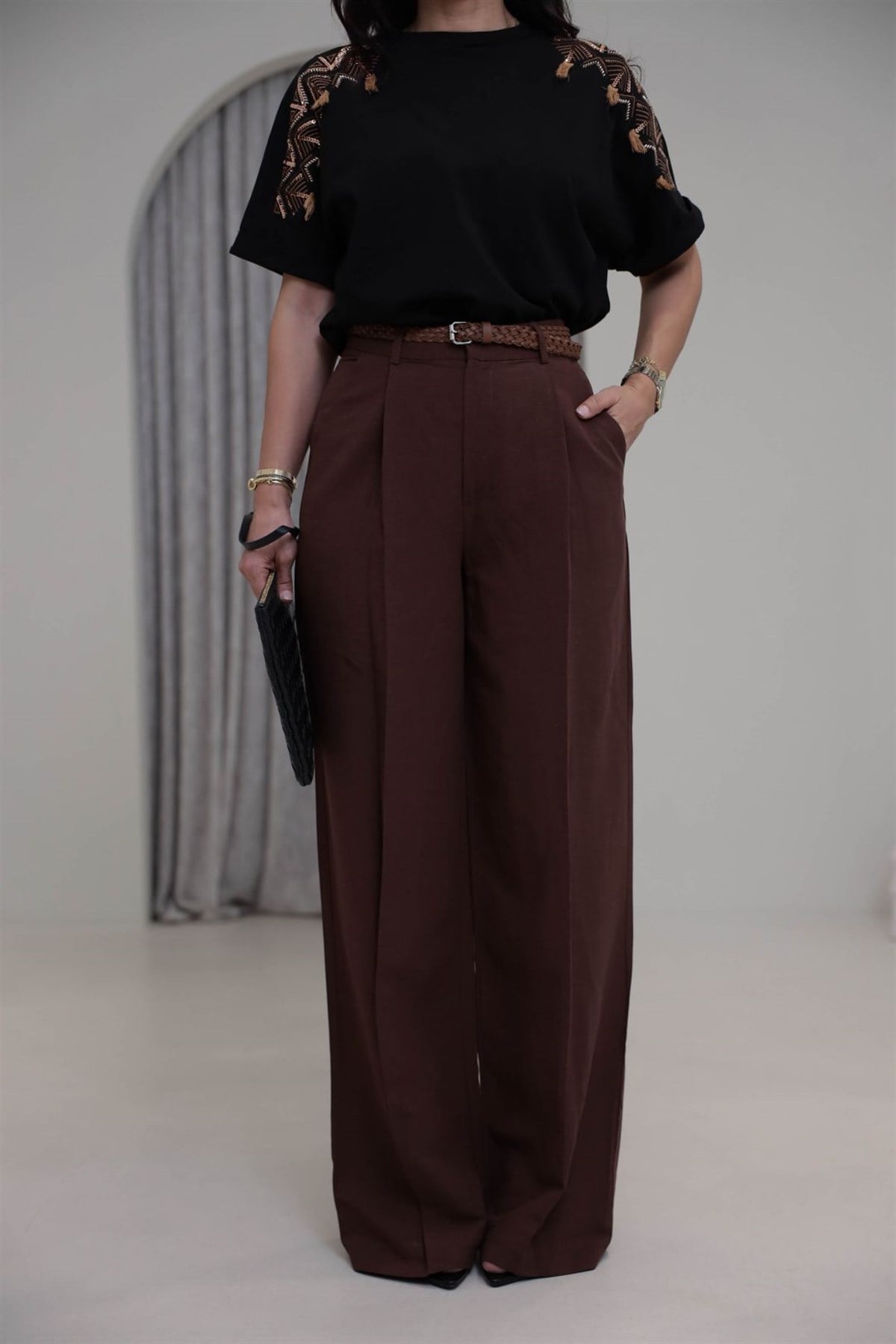 1150 Örme Kemerli Viskon Keten Pantolon KAHVE