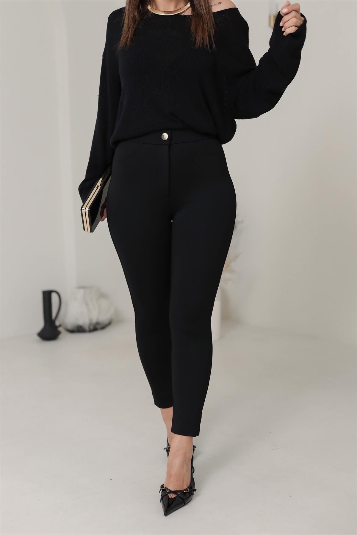 5121 Gold Düğme Detaylı Tayt Pantolon SİYAH