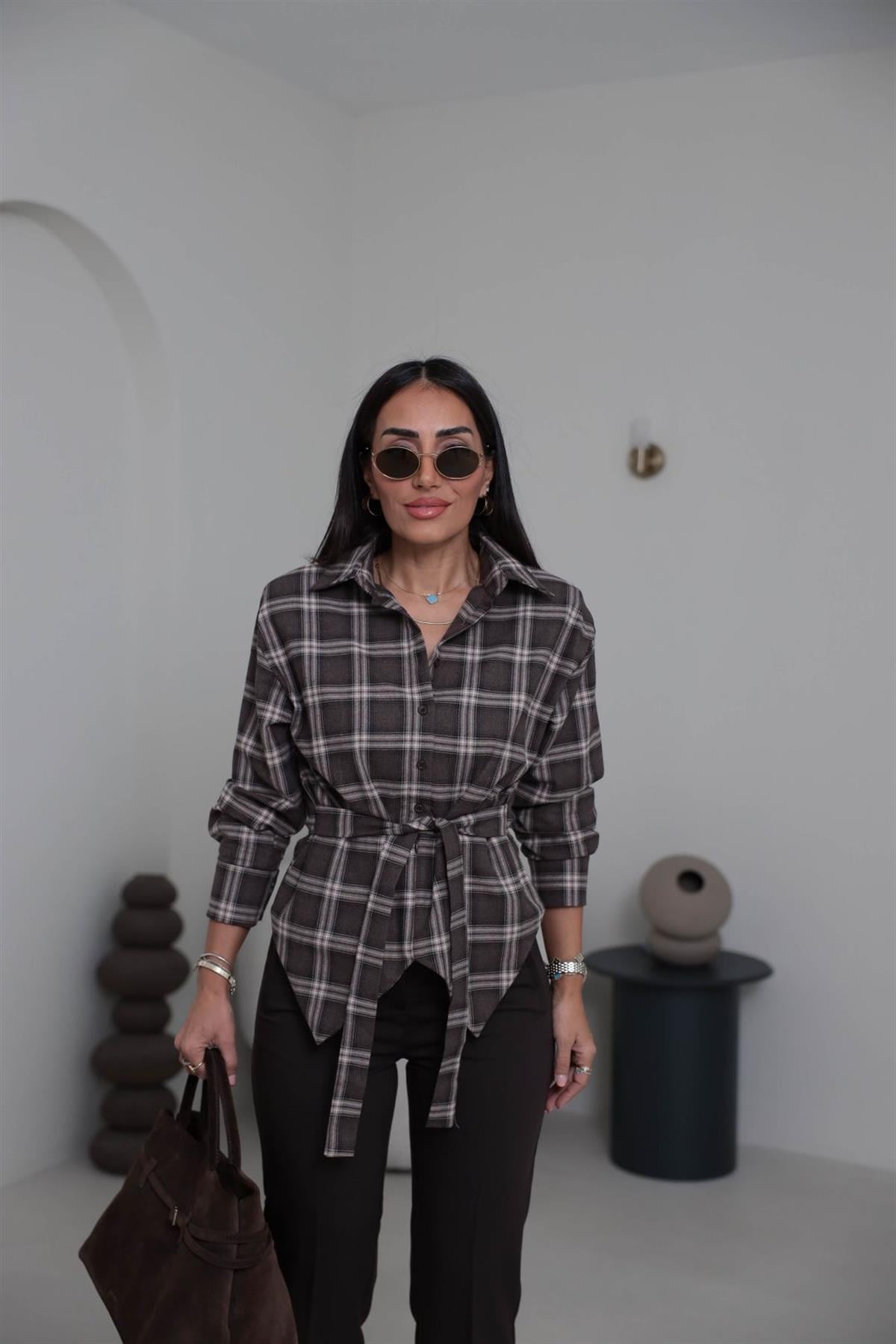 6997 Vatkalı Bağlama Detaylı Gömlek KAHVE