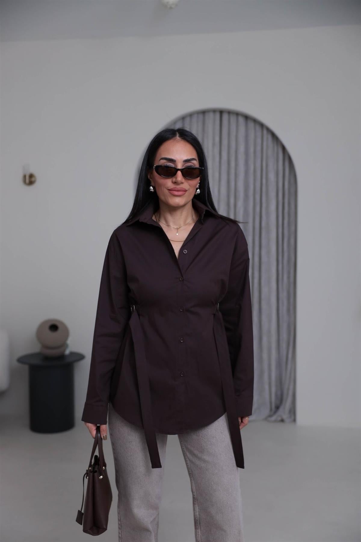 7176 Beli Kemer Detaylı Gömlek ACI KAHVE