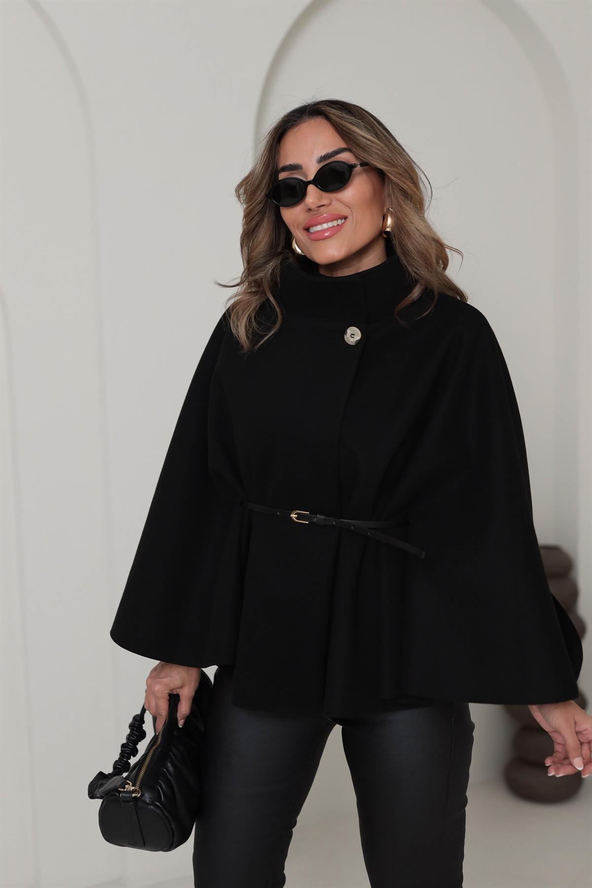 80167 Kemerli Dik Yaka Kaşe Panço SİYAH
