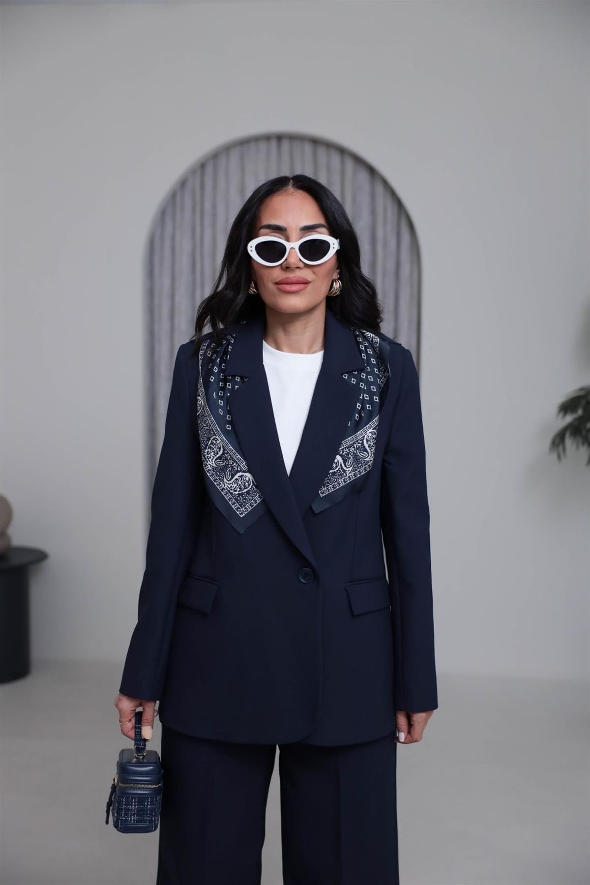 7665 Fular Detaylı Blazer Ceket LACİVERT