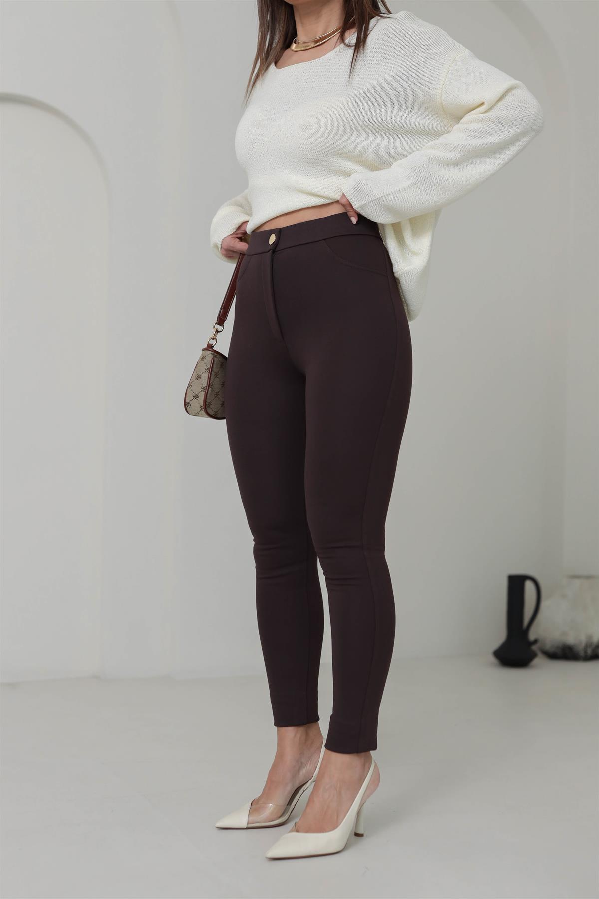 5121 Gold Düğme Detaylı Tayt Pantolon KAHVE