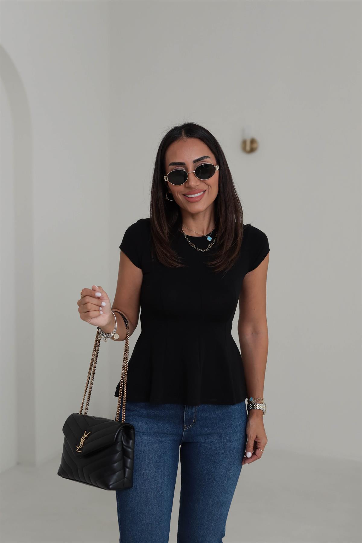 1992 Bisiklet Yaka Kısa Kol Peplum Tshirt SİYAH