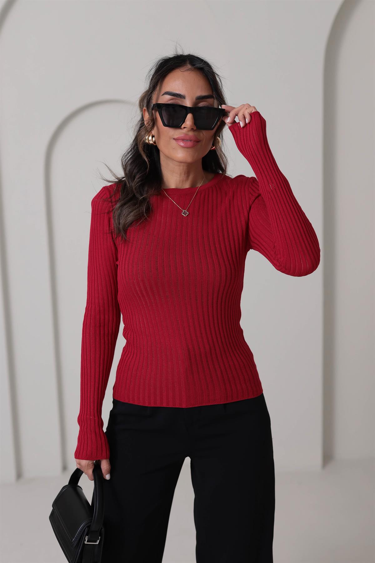 4107 Transparan Detaylı Triko Bluz KIRMIZI