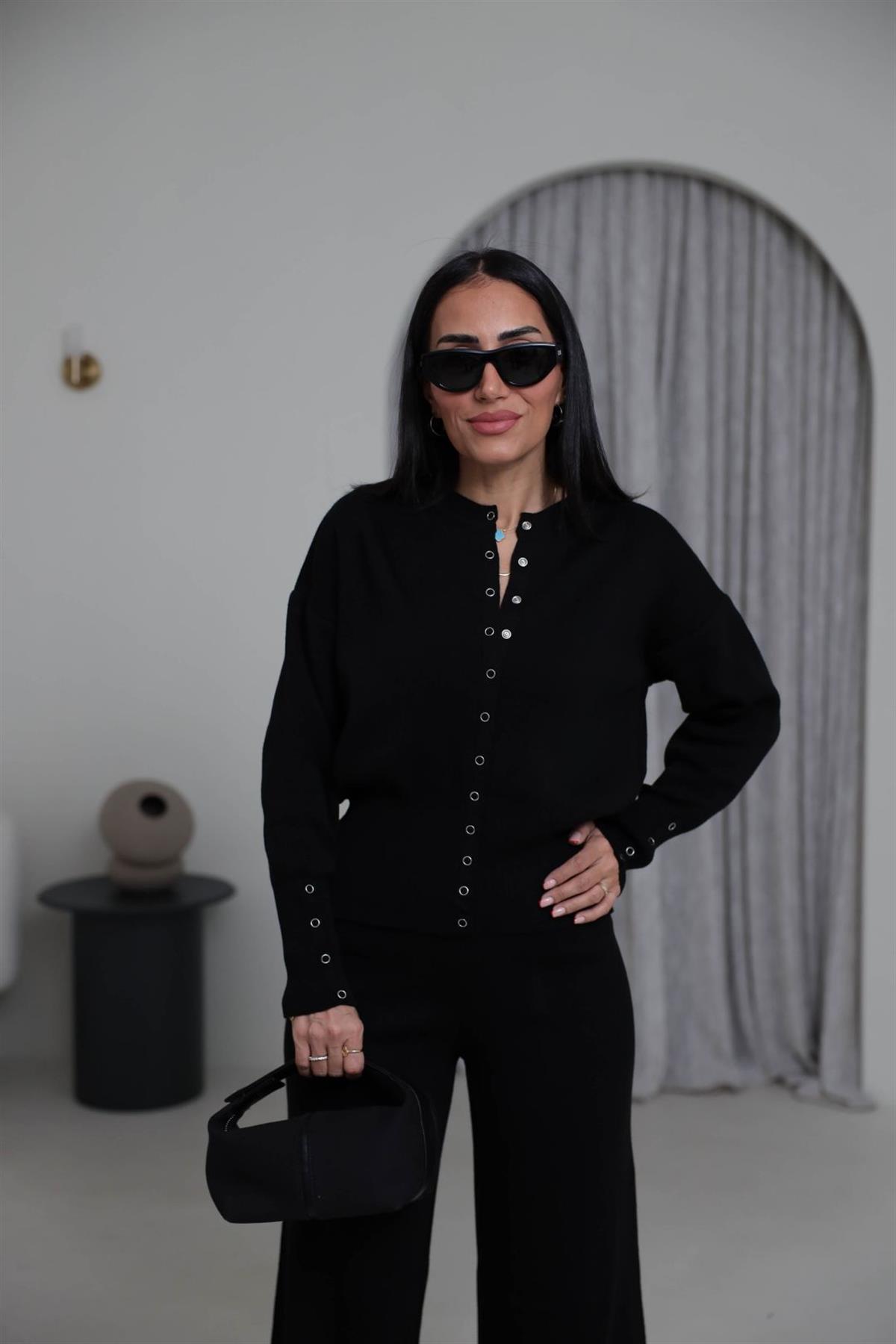 0129 Bisiklet Yaka Çıtçıt Detaylı Triko Takım SİYAH