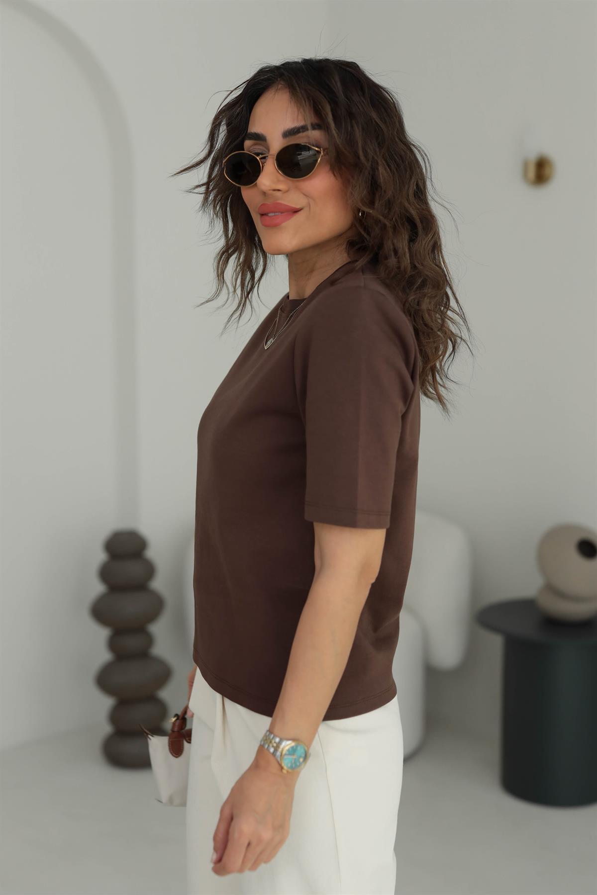 1134 Vatkalı Kalın Dokulu Tshirt KAHVE