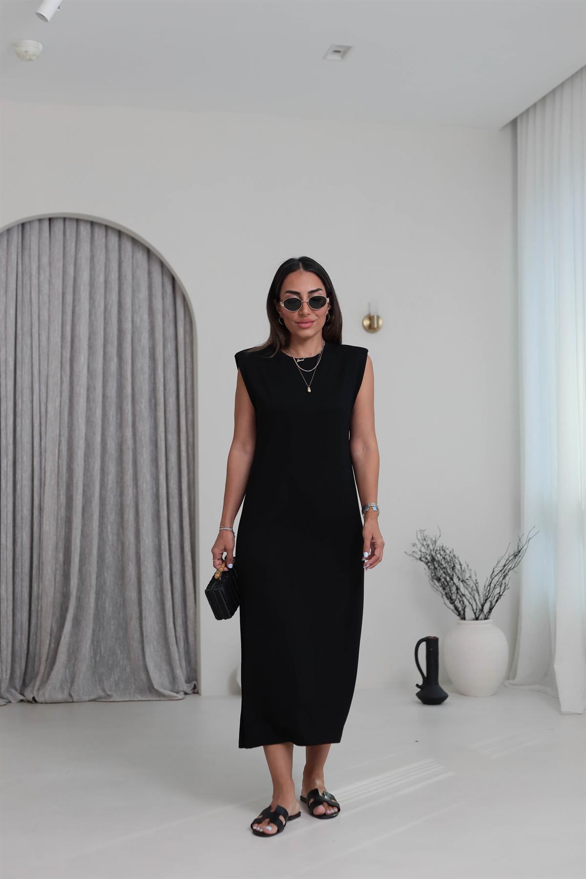 3316 Bisiklet Yaka Vatkalı Penye Modal Elbise SİYAH