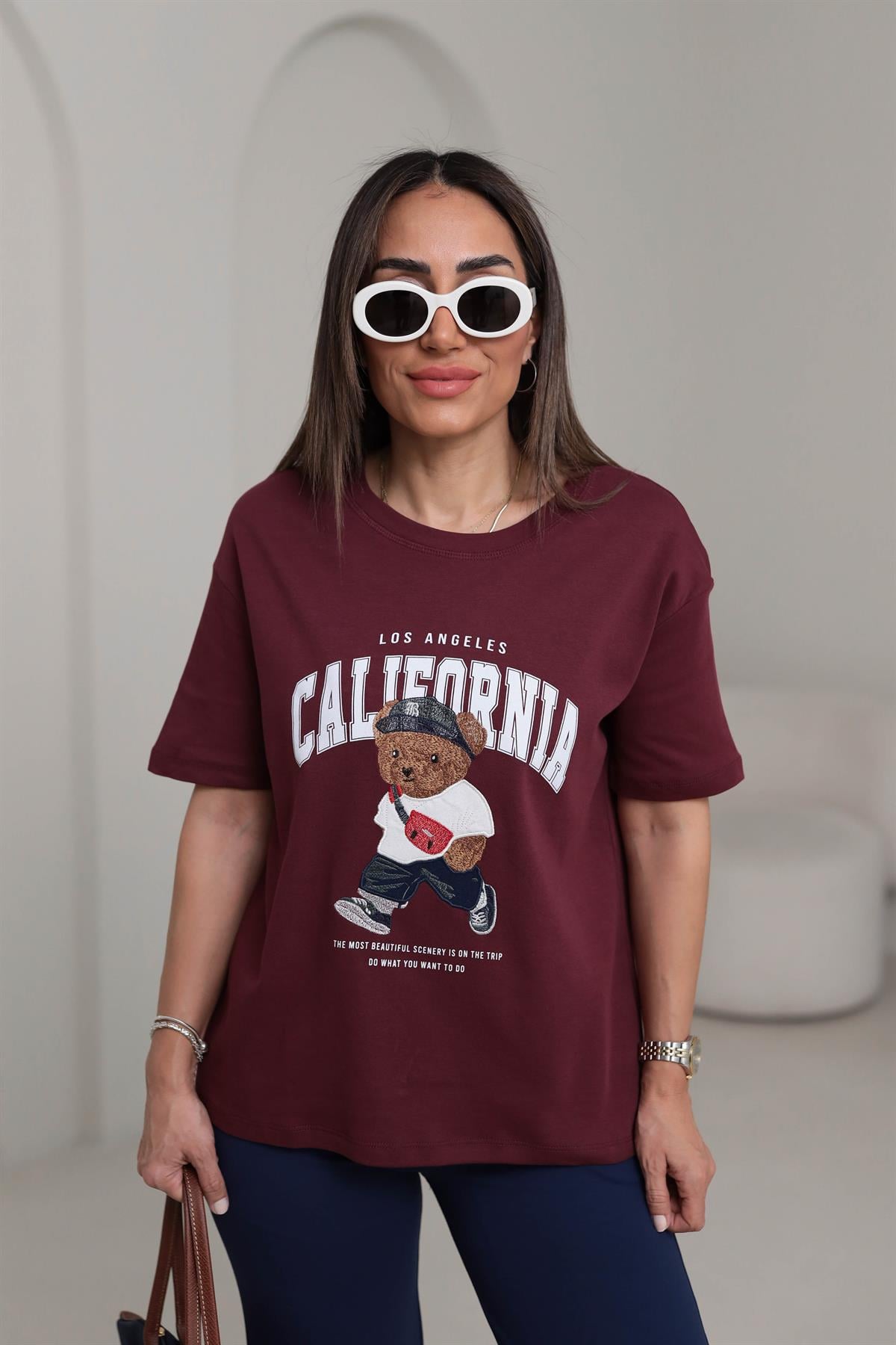 0295 Bisiklet Yaka Tedy Nakışlı Koton Tshirt BORDO
