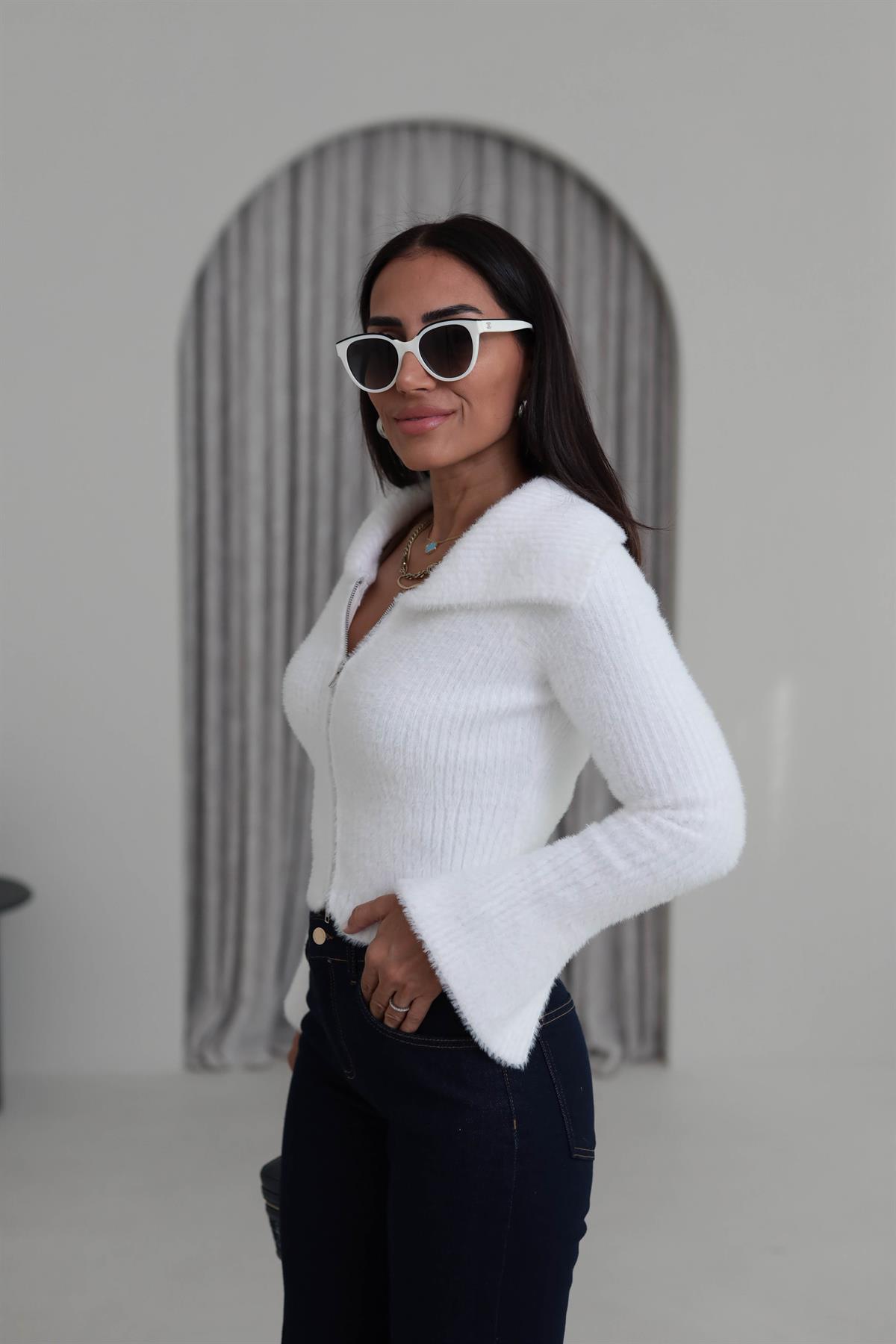 4952 Çift Fermuarlı Kol Yırtmaçlı Triko Hırka Bluz EKRU