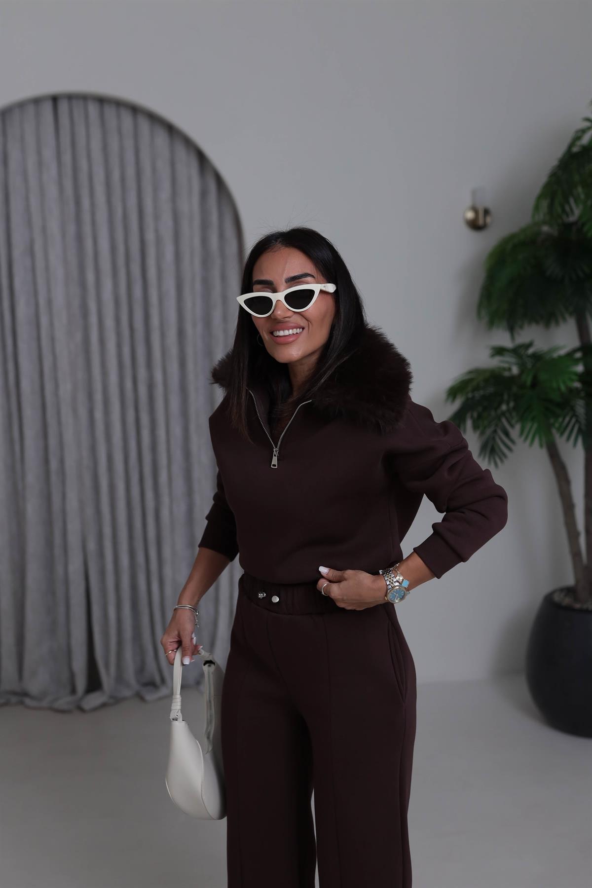 4066 Kürk Yakalı Şardonlu Takım KAHVE