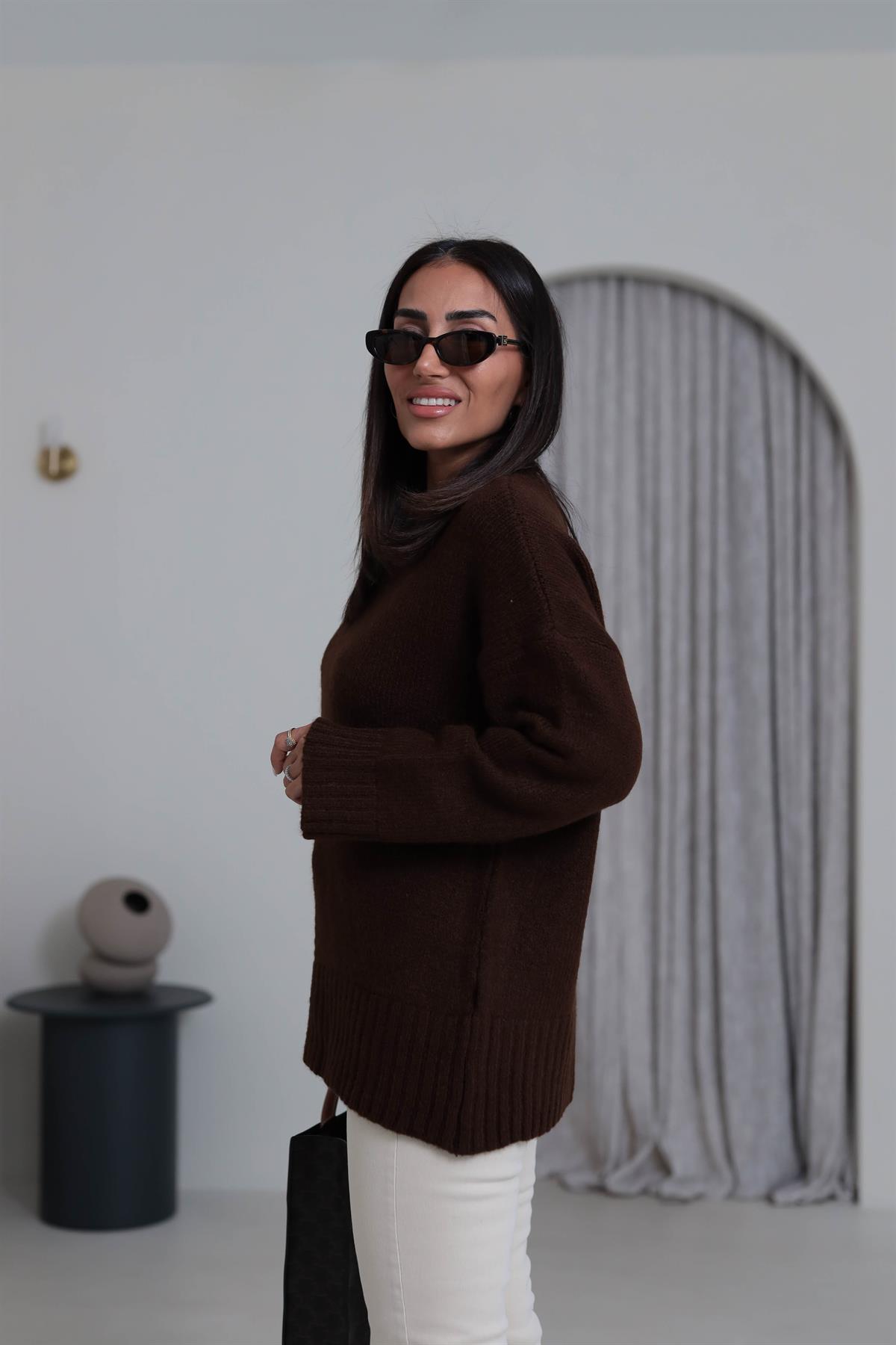 0100 Bisiklet Yaka Oversize Düz Kazak KAHVE