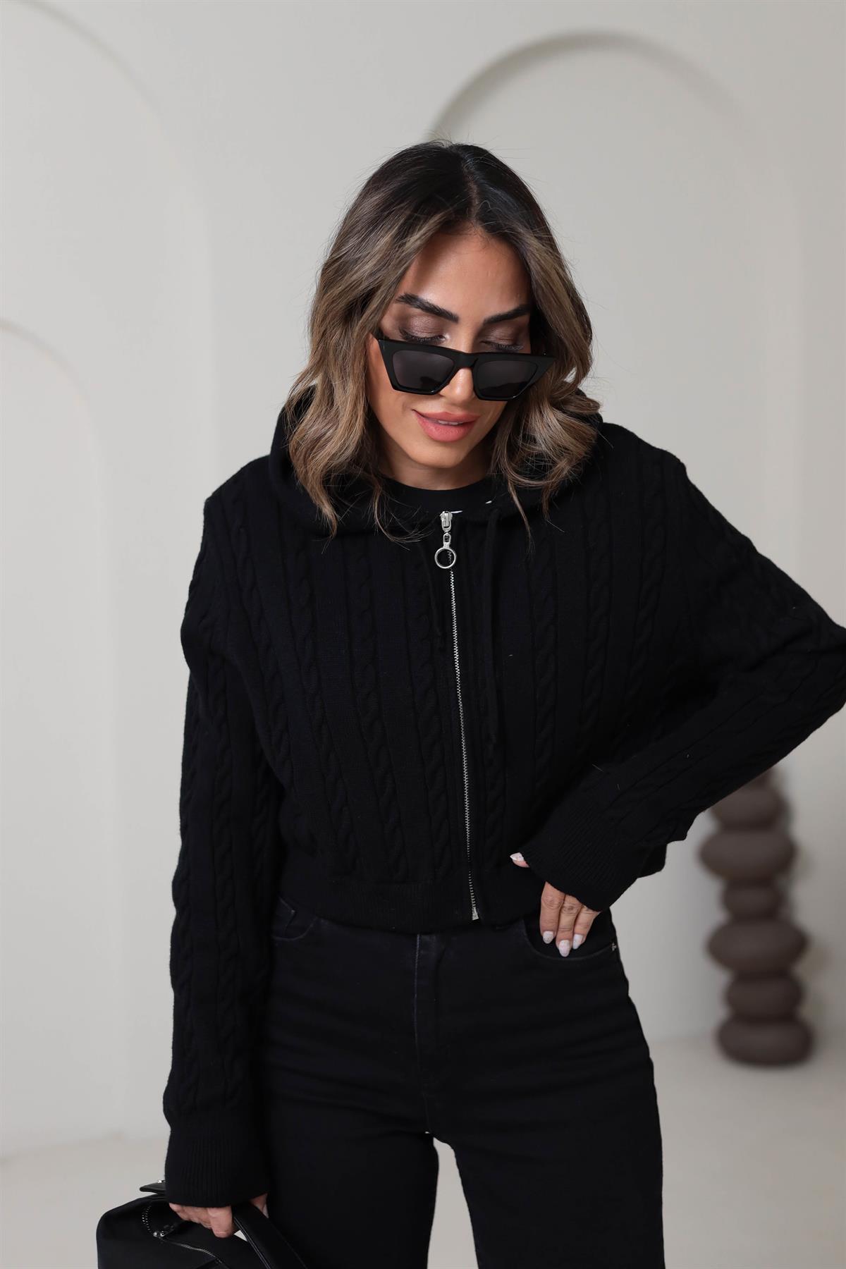 5199 Kapşonlu Fermuarlı Yumuşak Doku Hırka SİYAH