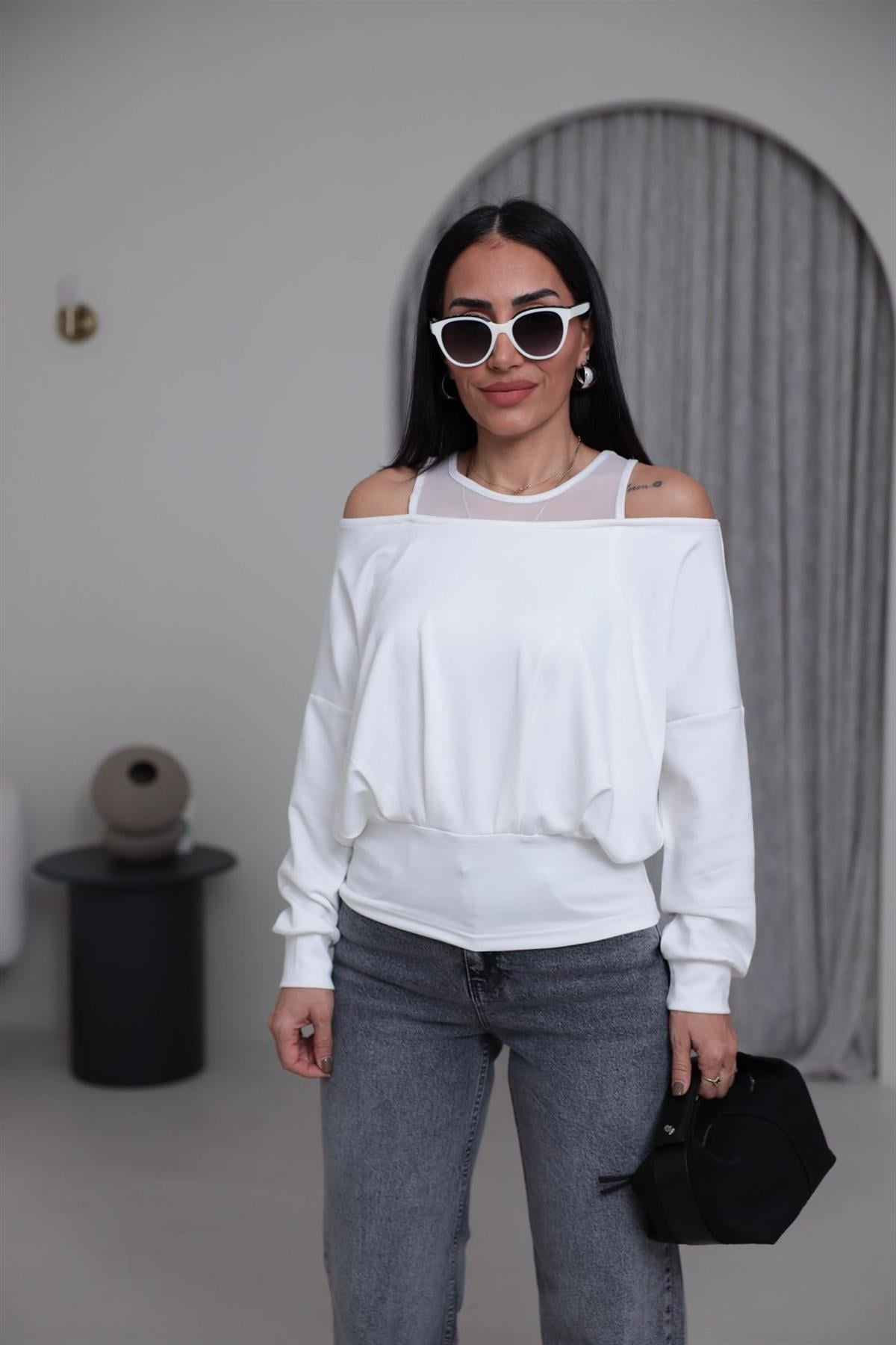 6710 Kol Dekolteli Tül Detaylı Bluz EKRU