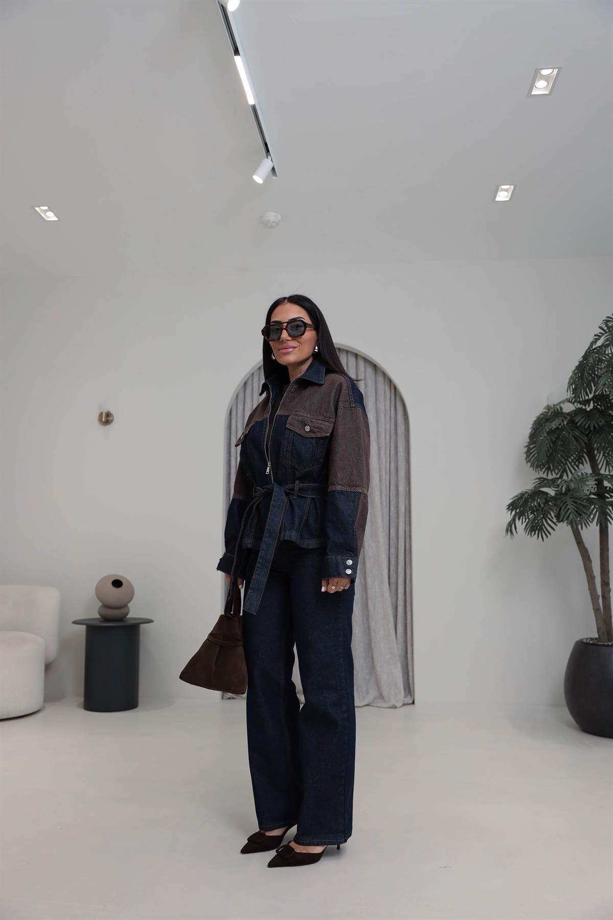 0836 Çift Renkli Tasarım Denim Takım LACİ-KAHVE