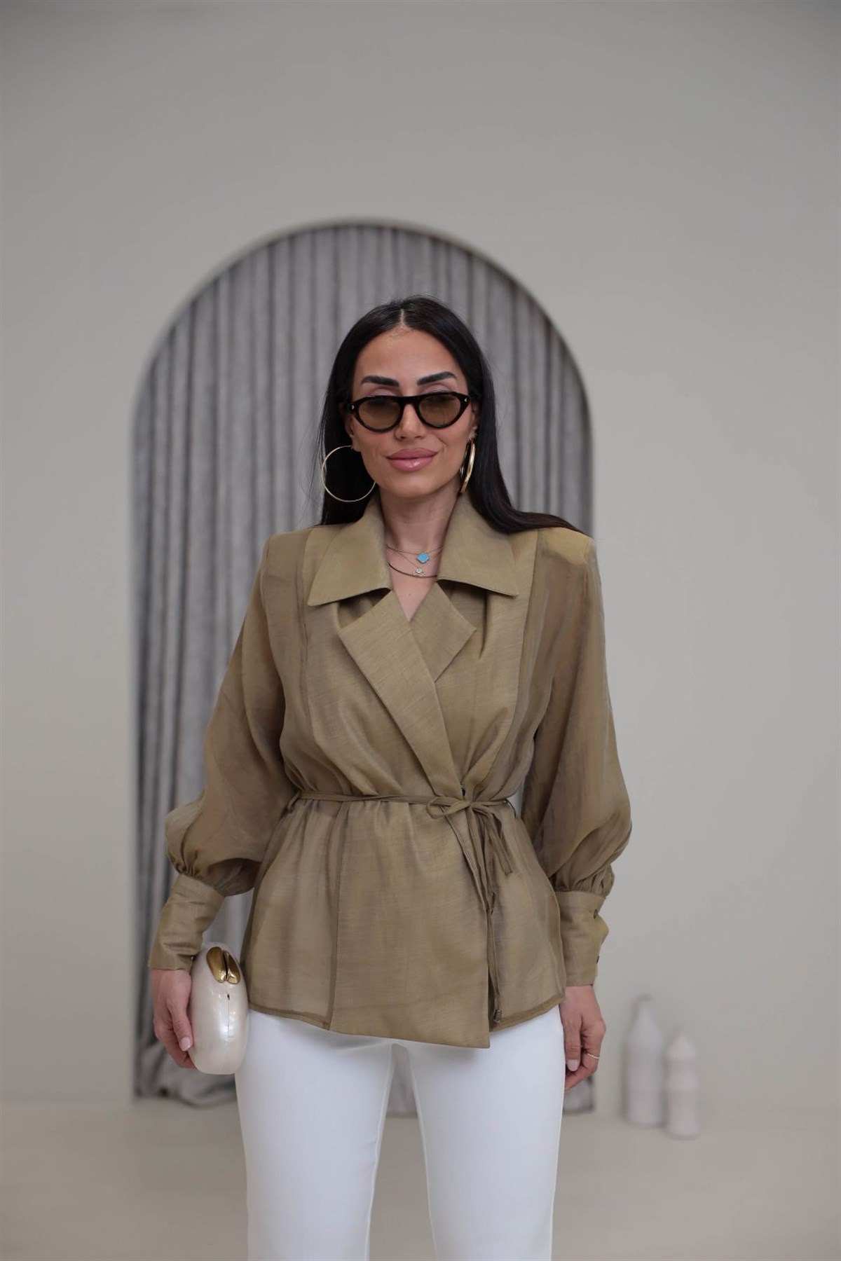 5029 Kruvaze Vatkalı Bağcıklı Tencel Gömlek OLİVE