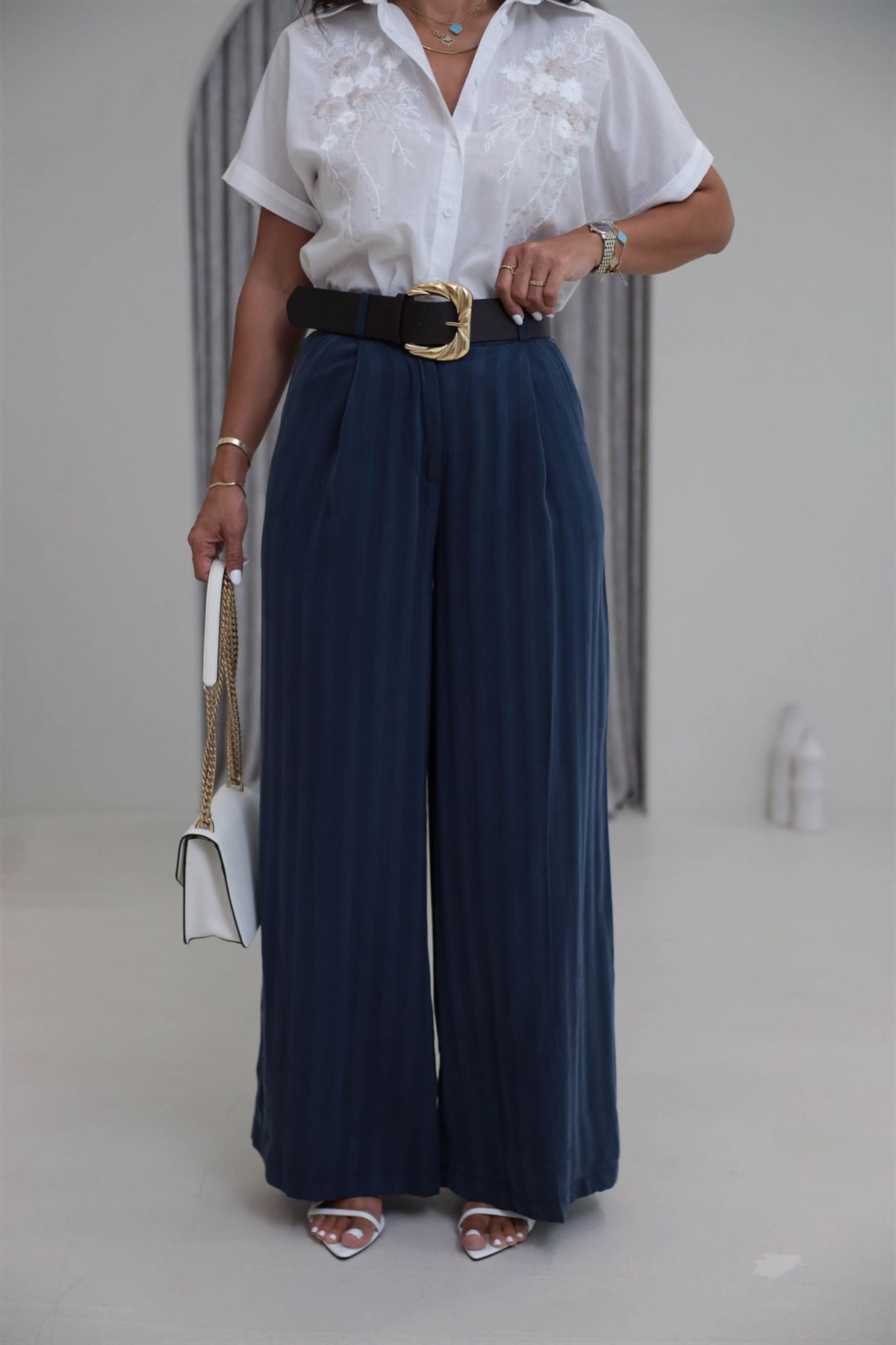 8490 Kemerli Dokulu Tencel Palazzo Pantolon LACİVERT