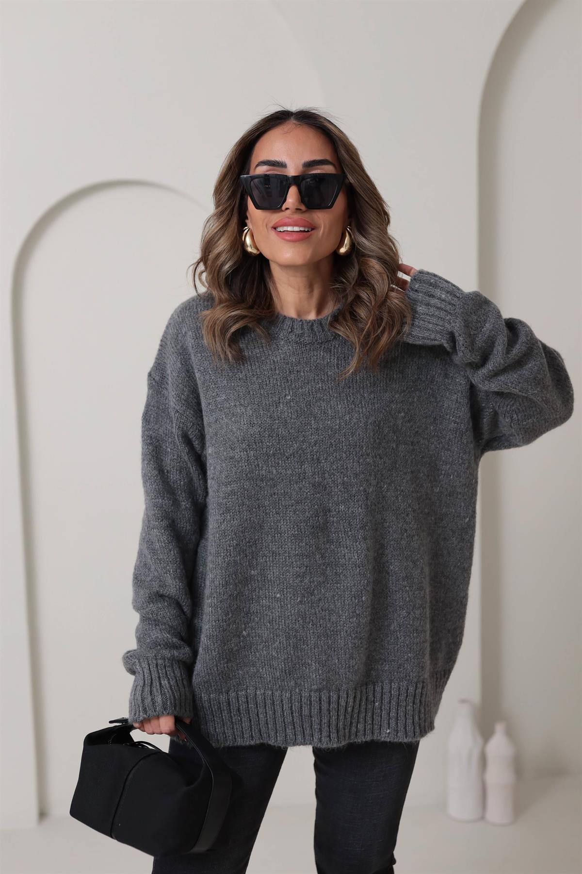 Bisiklet Yaka Dokulu Kazak GRİ