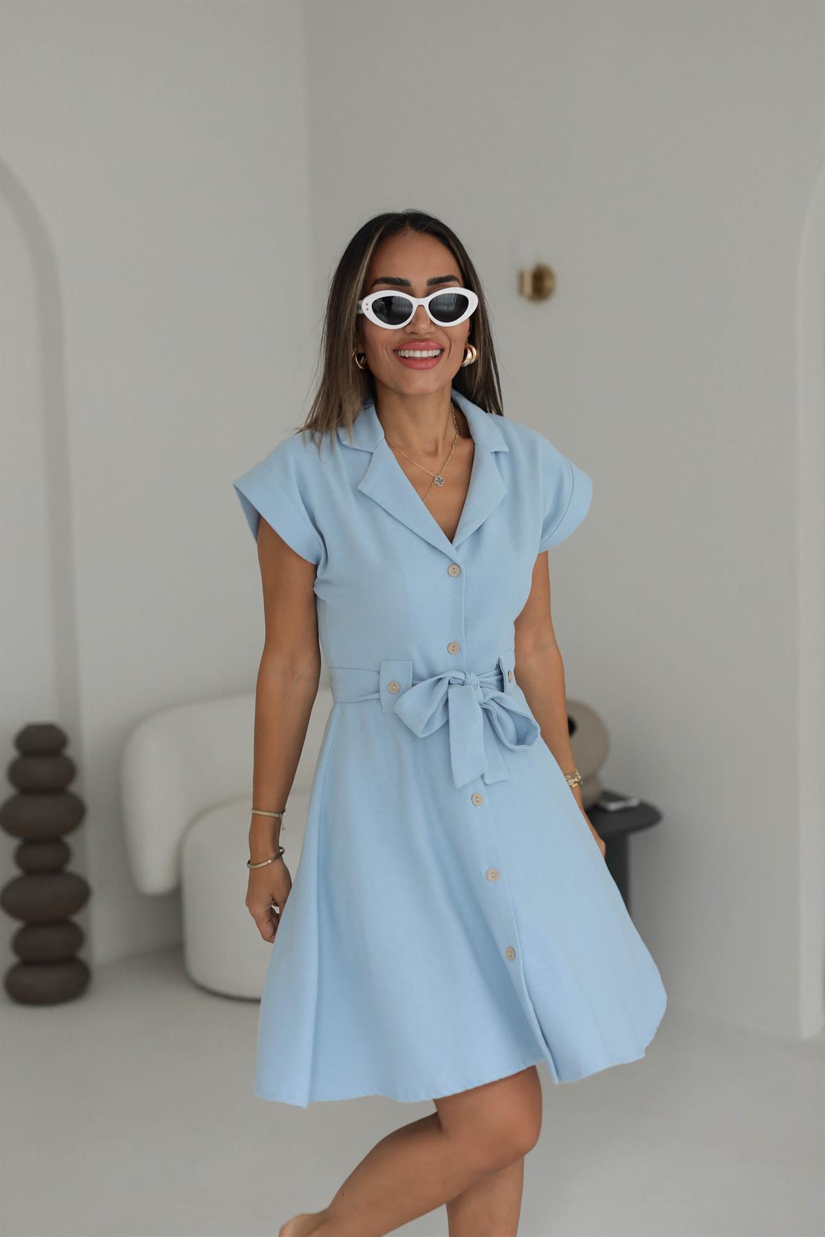 5953 Bel Kuşaklı ve Düğmeli Keten Kloş Elbise