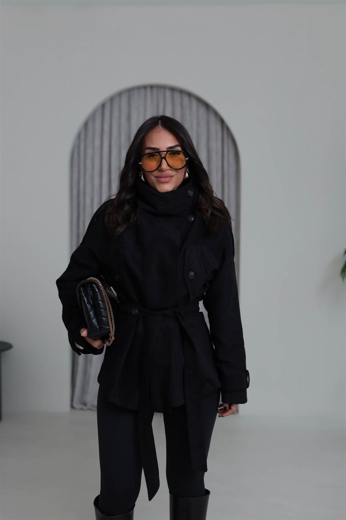 0572 Dik Yaka Apoletli Süet Mont SİYAH