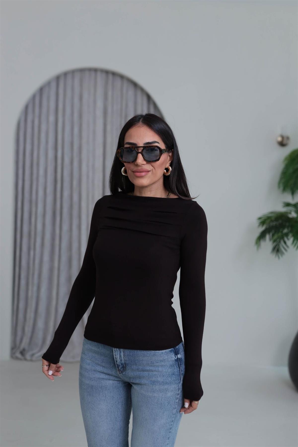 6504 Önü Pileli Viskon Bluz KAHVE