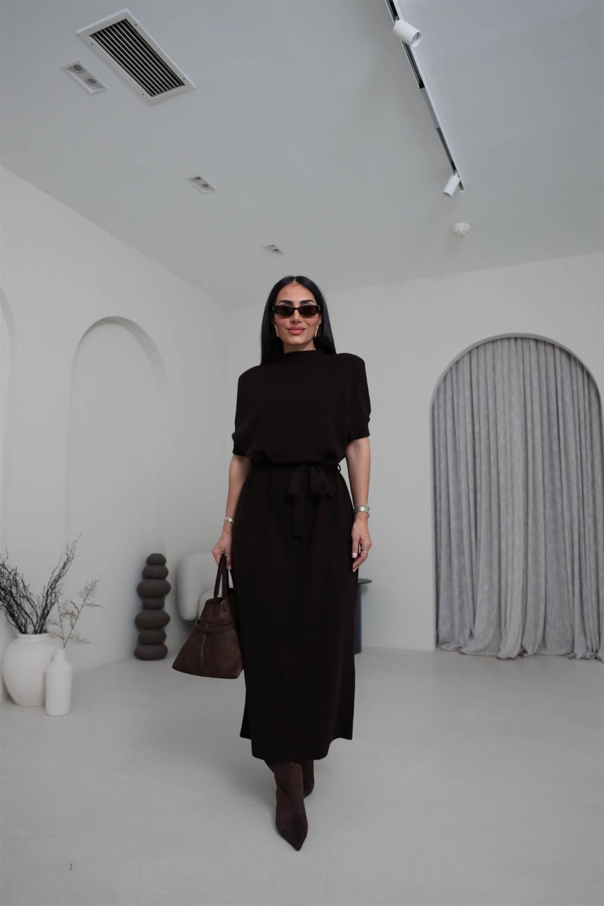 5265 Dik Yaka Kuşaklı Triko Elbise KOYU KAHVE