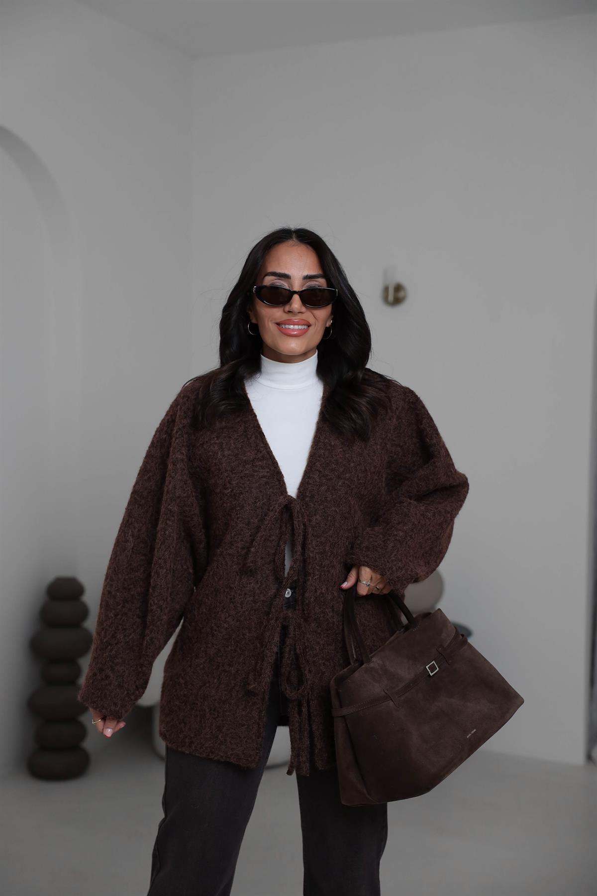 8989 Önü Bağlamalı Oversize Keçe Ceket KAHVE