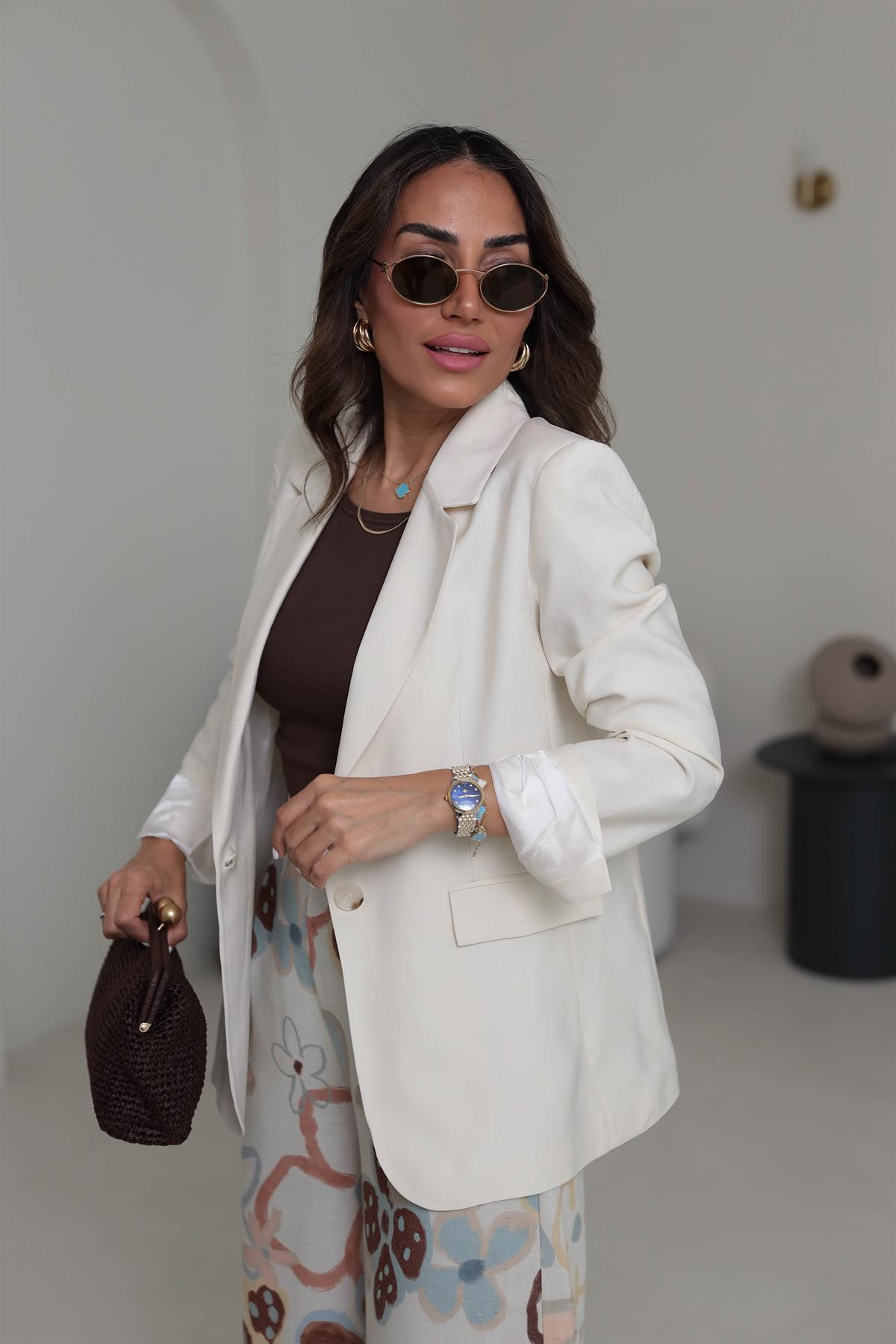 6757 Tencel Tek Düğme Blazer Ceket KREM